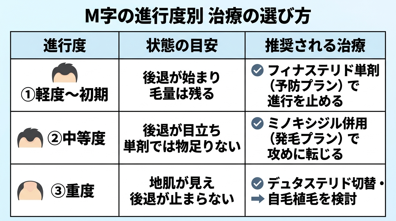 タイトル: M字の進行度別 治療の選び方。3列の表。ヘッダー行: 進行度 | 状態の目安 | 推奨される治療。行1: 軽度〜初期 | 後退が始まり毛量は残る | フィナステリド単剤(予防プラン)で進行を止める。行2: 中等度 | 後退が目立ち単剤では物足りない | ミノキシジル併用(発毛プラン)で攻めに転じる。行3: 重度 | 地肌が見え後退が止まらない | デュタステリド切替・自毛植毛を検討。