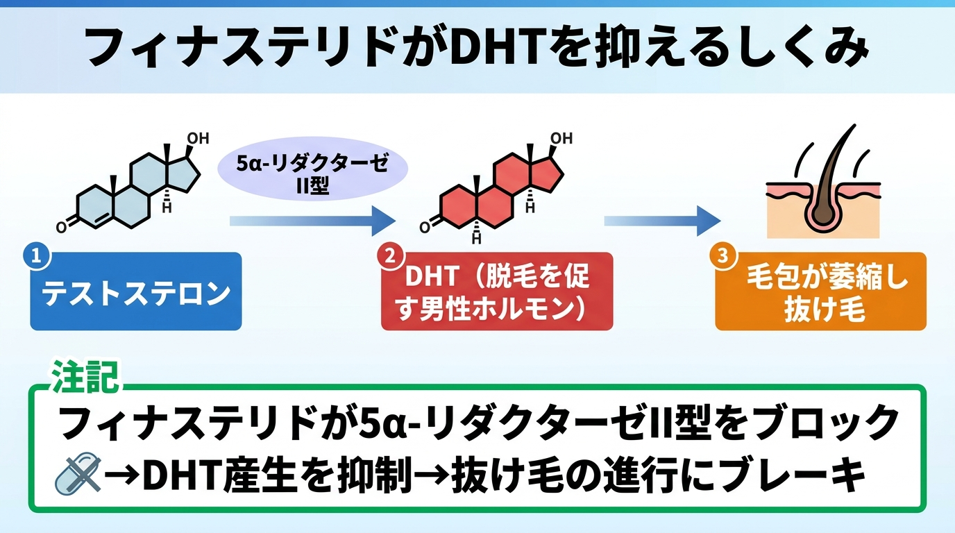 タイトル: フィナステリドがDHTを抑えるしくみ。左から右へのフロー図。ステップ1: テストステロン。矢印(5α-リダクターゼII型)。ステップ2: DHT(脱毛を促す男性ホルモン)。矢印。ステップ3: 毛包が萎縮し抜け毛。下部に注記: フィナステリドが5α-リダクターゼII型をブロック→DHT産生を抑制→抜け毛の進行にブレーキ。