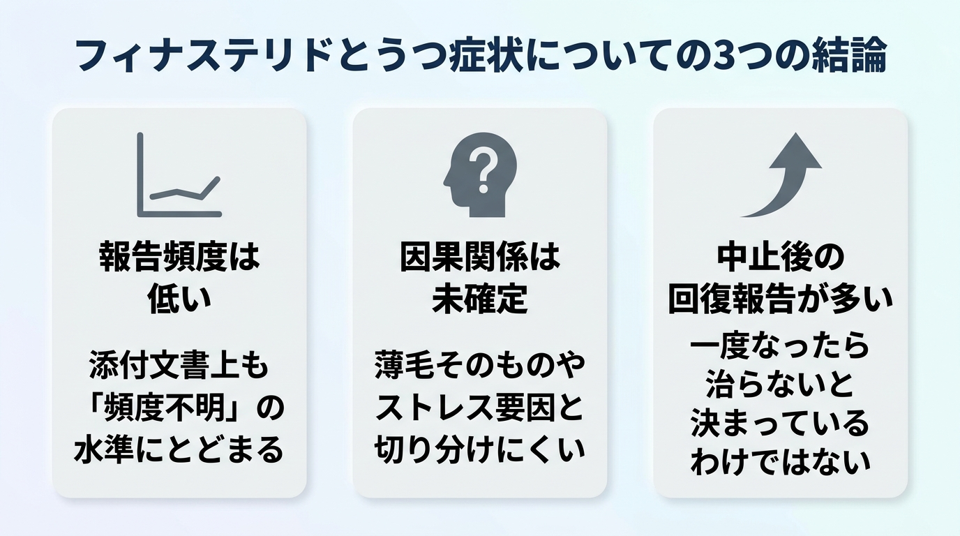 タイトル: フィナステリドとうつ症状についての3つの結論。縦並び3カードで: カード1（グラフのアイコン）ヘッダー: 報告頻度は低い、説明: 添付文書上も「頻度不明」の水準にとどまる。カード2（はてなマークのアイコン）ヘッダー: 因果関係は未確定、説明: 薄毛そのものやストレス要因と切り分けにくい。カード3（回復の上昇矢印アイコン）ヘッダー: 中止後の回復報告が多い、説明: 一度なったら治らないと決まっているわけではない