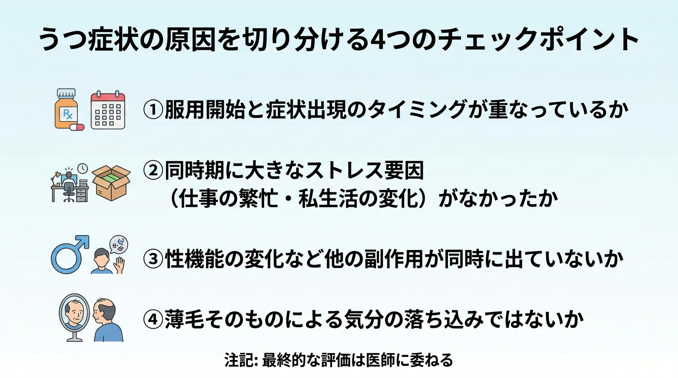 タイトル: うつ症状の原因を切り分ける4つのチェックポイント。縦並びチェックリスト形式で: ①服用開始と症状出現のタイミングが重なっているか。②同時期に大きなストレス要因（仕事の繁忙・私生活の変化）がなかったか。③性機能の変化など他の副作用が同時に出ていないか。④薄毛そのものによる気分の落ち込みではないか。下部に注記: 最終的な評価は医師に委ねる
