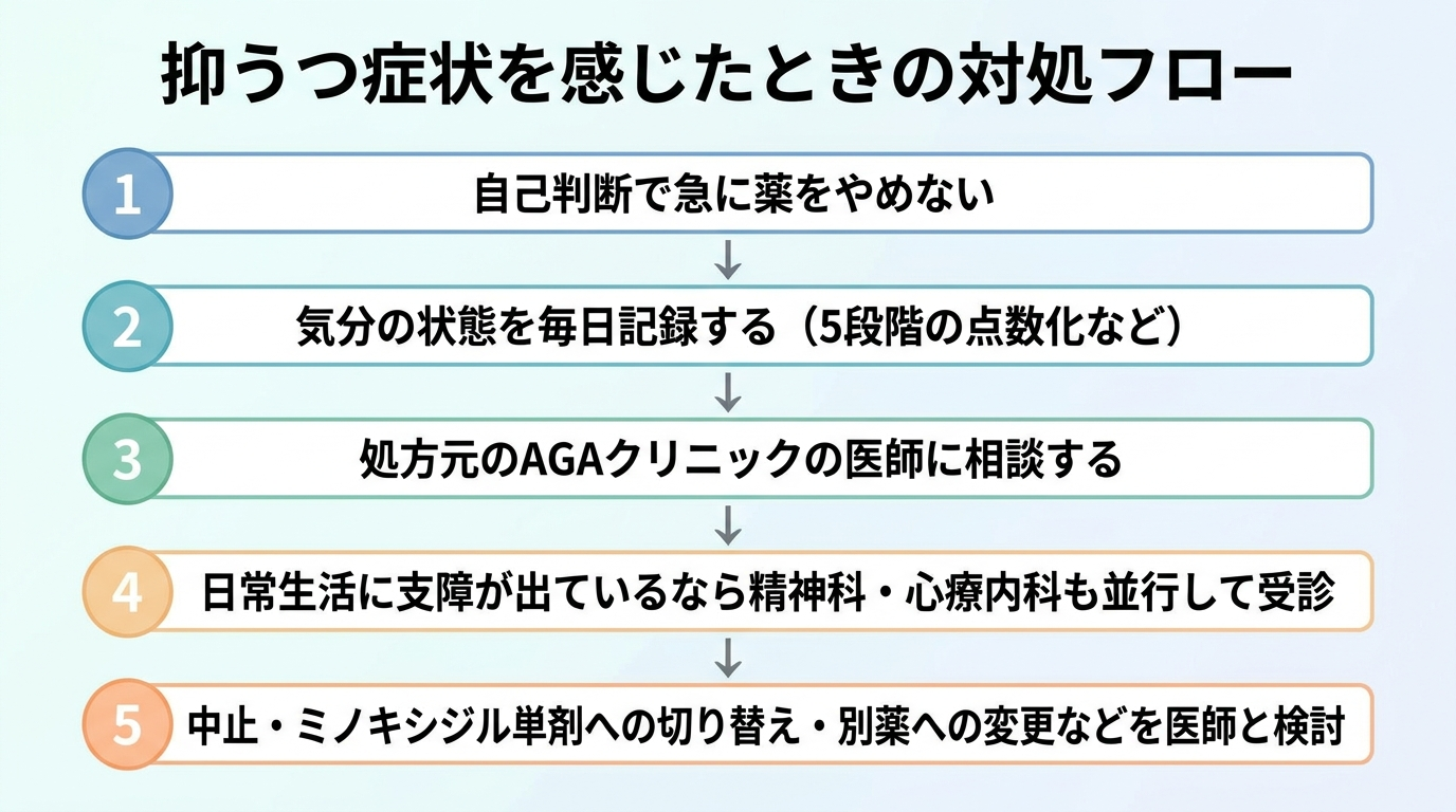 タイトル: 抑うつ症状を感じたときの対処フロー。縦並びステップ図: ステップ1: 自己判断で急に薬をやめない。ステップ2: 気分の状態を毎日記録する（5段階の点数化など）。ステップ3: 処方元のAGAクリニックの医師に相談する。ステップ4: 日常生活に支障が出ているなら精神科・心療内科も並行して受診。ステップ5: 中止・ミノキシジル単剤への切り替え・別薬への変更などを医師と検討