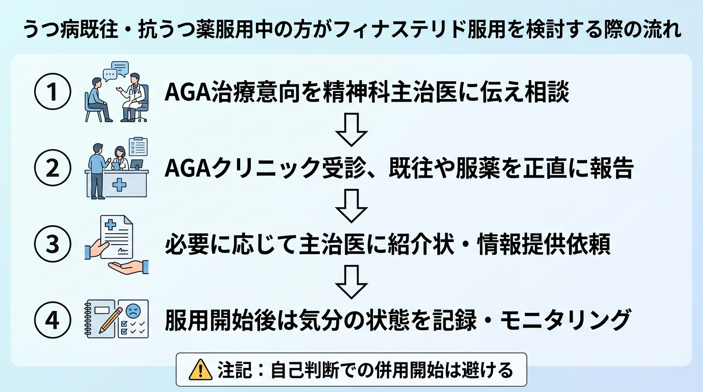 タイトル: うつ病既往・抗うつ薬服用中の方がフィナステリド服用を検討する際の流れ。縦並びステップ図: ステップ1: AGA治療を始めたい意向を精神科の主治医に伝え、現在の状態で問題ないか相談。ステップ2: AGAクリニックを受診し、精神疾患の既往や服薬を正直に伝える。ステップ3: 必要に応じて主治医に紹介状・情報提供を依頼。ステップ4: 服用開始後しばらくは気分の状態を記録しモニタリング。下部に注記: 自己判断での併用開始は避ける