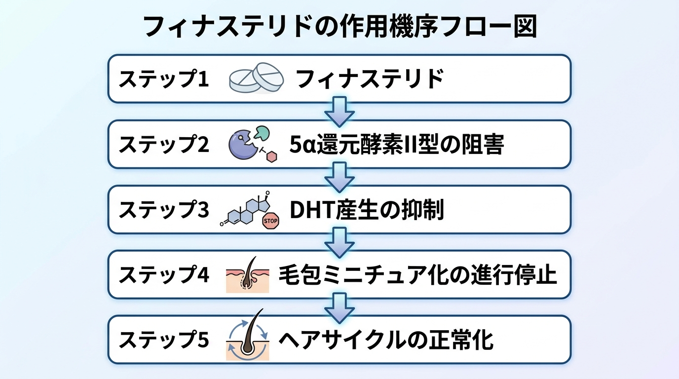 タイトル: フィナステリドの作用機序フロー図。縦並びの5ステップフロー図: ステップ1(錠剤アイコン)フィナステリド → ステップ2 5α還元酵素II型の阻害 → ステップ3 DHT産生の抑制 → ステップ4 毛包ミニチュア化の進行停止 → ステップ5 ヘアサイクルの正常化。各ステップを下向き矢印でつなぐ