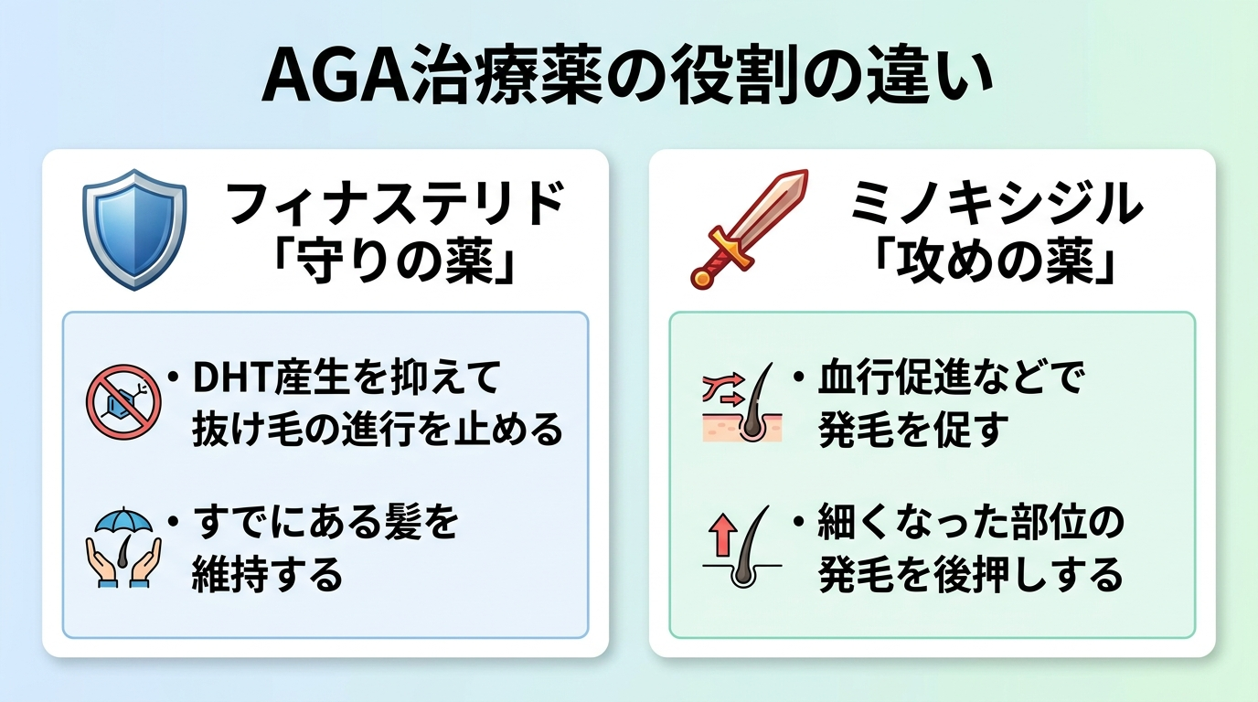タイトル: AGA治療薬の役割の違い。横並び2カードで比較: カード1(盾のアイコン)ヘッダー: フィナステリド「守りの薬」、説明: DHT産生を抑えて抜け毛の進行を止める。すでにある髪を維持する。カード2(剣のアイコン)ヘッダー: ミノキシジル「攻めの薬」、説明: 血行促進などで発毛を促す。細くなった部位の発毛を後押しする