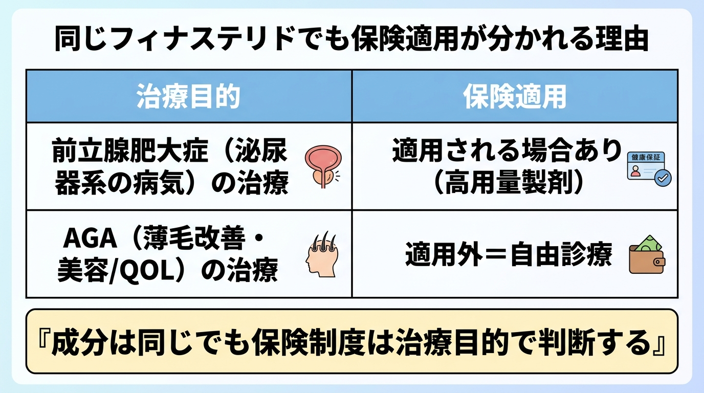 タイトル: 同じフィナステリドでも保険適用が分かれる理由。2列の比較表: ヘッダー行: 治療目的 | 保険適用。行1: 前立腺肥大症（泌尿器系の病気）の治療 | 適用される場合あり（高用量製剤）。行2: AGA（薄毛改善・美容/QOL）の治療 | 適用外＝自由診療。下部に注記『成分は同じでも保険制度は治療目的で判断する』