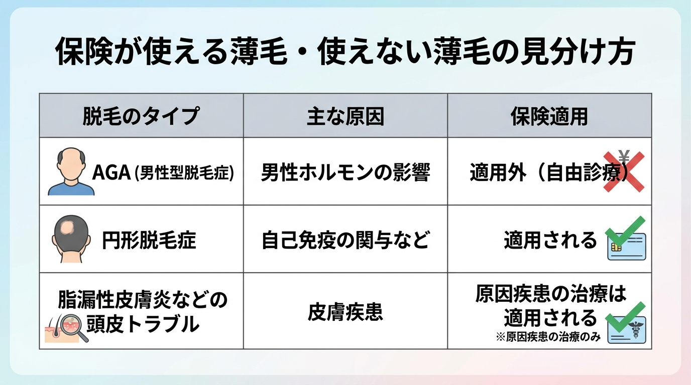 タイトル: 保険が使える薄毛・使えない薄毛の見分け方。3列の表: ヘッダー行: 脱毛のタイプ | 主な原因 | 保険適用。行1: AGA（男性型脱毛症） | 男性ホルモンの影響 | 適用外（自由診療）。行2: 円形脱毛症 | 自己免疫の関与など | 適用される。行3: 脂漏性皮膚炎などの頭皮トラブル | 皮膚疾患 | 原因疾患の治療は適用される