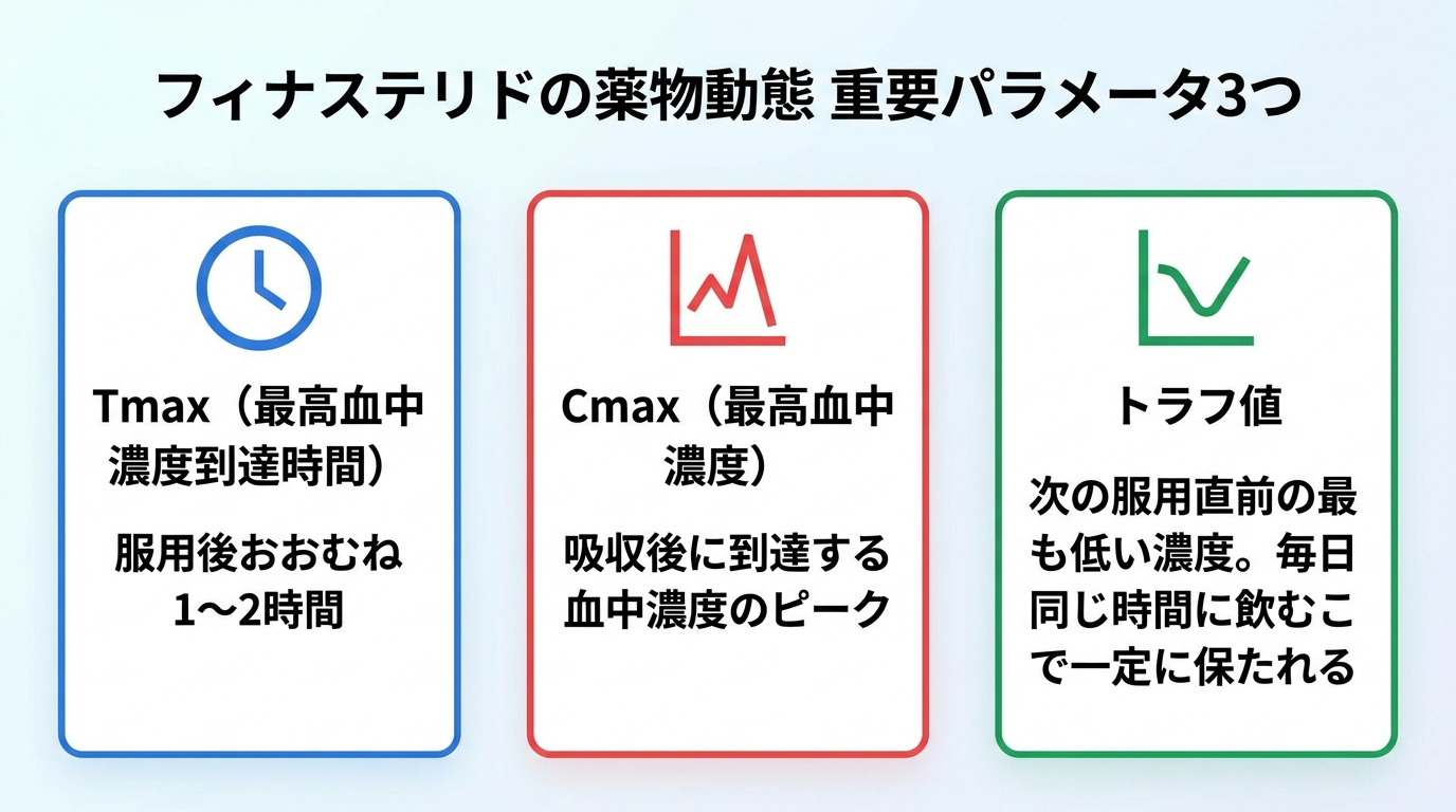タイトル: フィナステリドの薬物動態 重要パラメータ3つ。横並び3カードで: カード1(時計のアイコン)ヘッダー: Tmax(最高血中濃度到達時間)、説明: 服用後おおむね1〜2時間。カード2(山型グラフのアイコン)ヘッダー: Cmax(最高血中濃度)、説明: 吸収後に到達する血中濃度のピーク。カード3(谷型グラフのアイコン)ヘッダー: トラフ値、説明: 次の服用直前の最も低い濃度。毎日同じ時間に飲むことで一定に保たれる