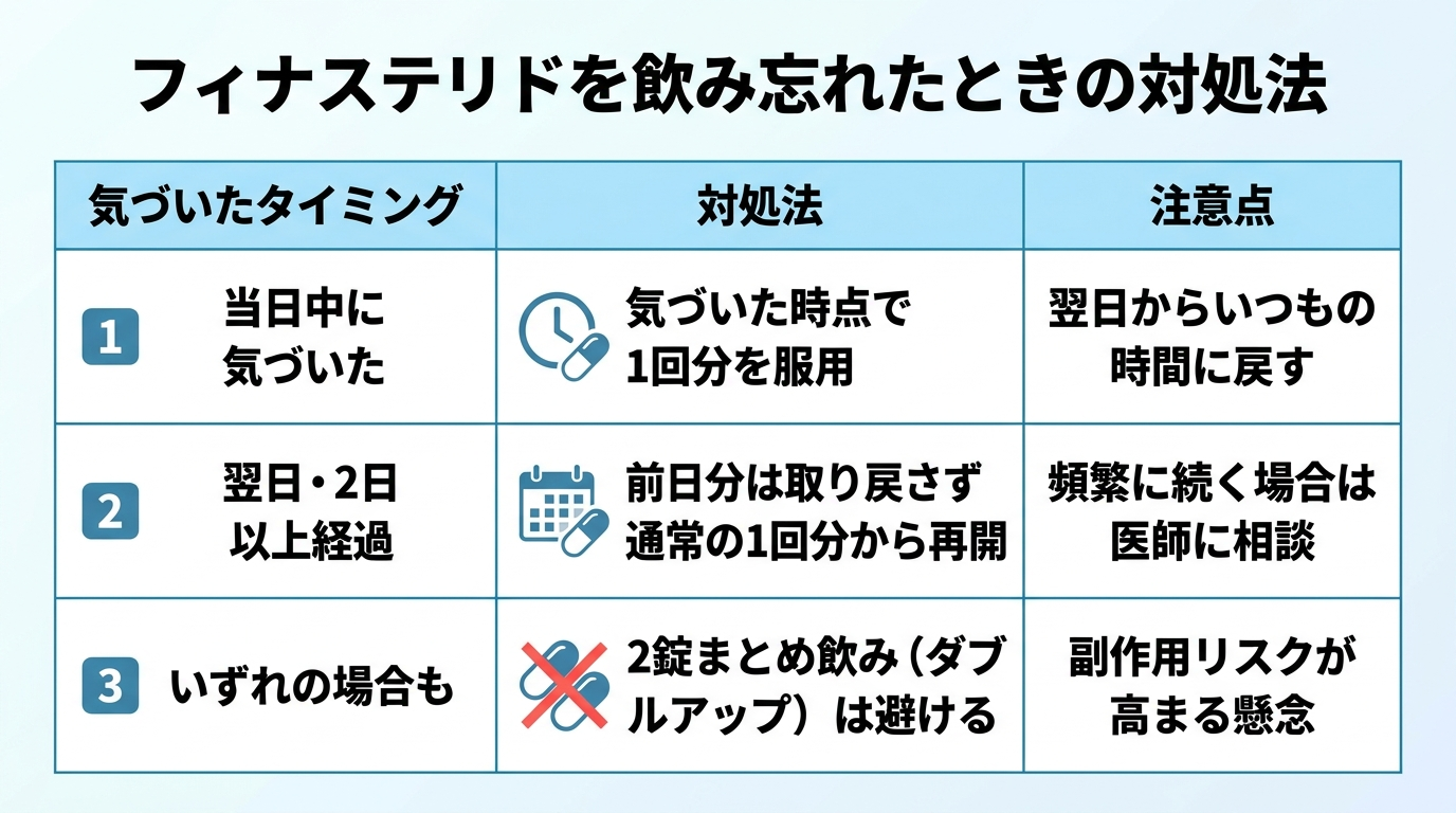 タイトル: フィナステリドを飲み忘れたときの対処法。3列の表: ヘッダー行: 気づいたタイミング | 対処法 | 注意点。行1: 当日中に気づいた | 気づいた時点で1回分を服用 | 翌日からいつもの時間に戻す。行2: 翌日・2日以上経過 | 前日分は取り戻さず通常の1回分から再開 | 頻繁に続く場合は医師に相談。行3: いずれの場合も | 2錠まとめ飲み(ダブルアップ)は避ける | 副作用リスクが高まる懸念