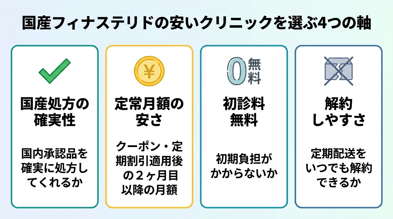 タイトル: 国産フィナステリドの安いクリニックを選ぶ4つの軸。横並び4カードで: カード1（チェックアイコン）ヘッダー: 国産処方の確実性、説明: 国内承認品を確実に処方してくれるか。カード2（円マークアイコン）ヘッダー: 定常月額の安さ、説明: クーポン・定期割引適用後の2ヶ月目以降の月額。カード3（無料アイコン）ヘッダー: 初診料無料、説明: 初期負担がかからないか。カード4（解約アイコン）ヘッダー: 解約しやすさ、説明: 定期配送をいつでも解約できるか