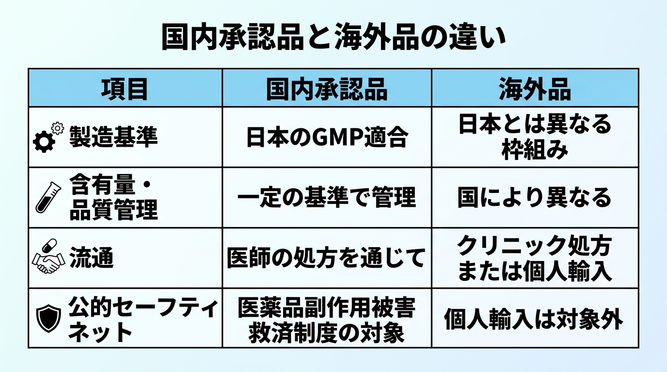 タイトル: 国内承認品と海外品の違い。2列の比較表: ヘッダー行: 項目 | 国内承認品 | 海外品。行1: 製造基準 | 日本のGMP適合 | 日本とは異なる枠組み。行2: 含有量・品質管理 | 一定の基準で管理 | 国により異なる。行3: 流通 | 医師の処方を通じて | クリニック処方または個人輸入。行4: 公的セーフティネット | 医薬品副作用被害救済制度の対象 | 個人輸入は対象外