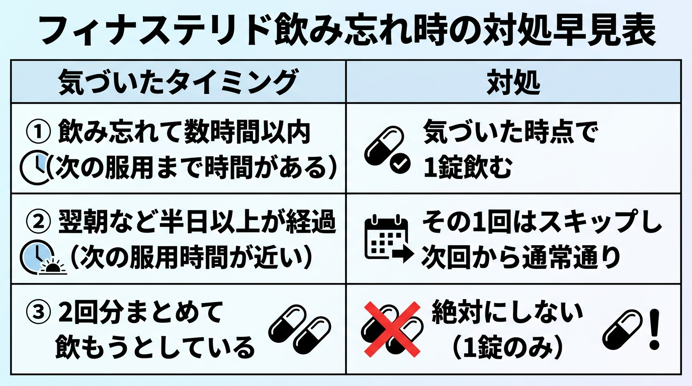 タイトル: フィナステリド飲み忘れ時の対処早見表。3行2列の表: ヘッダー行: 気づいたタイミング | 対処。行1: 飲み忘れて数時間以内(次の服用まで時間がある) | 気づいた時点で1錠飲む。行2: 翌朝など半日以上が経過(次の服用時間が近い) | その1回はスキップし次回から通常通り。行3: 2回分まとめて飲もうとしている | 絶対にしない(1錠のみ)