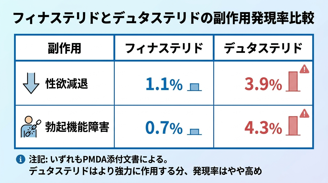 タイトル: フィナステリドとデュタステリドの副作用発現率比較。3列の表: ヘッダー行: 副作用 | フィナステリド | デュタステリド。行1: 性欲減退 | 1.1% | 3.9%。行2: 勃起機能障害 | 0.7% | 4.3%。注記: いずれもPMDA添付文書による。デュタステリドはより強力に作用する分、発現率はやや高め