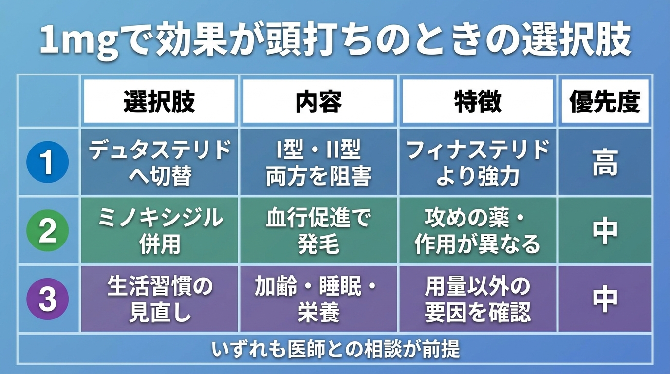タイトル: 1mgで効果が頭打ちのときの選択肢。4列の表: ヘッダー行: 選択肢 | 内容 | 特徴 | 優先度。行1: デュタステリドへ切替 | I型・II型両方を阻害 | フィナステリドより強力 | 高。行2: ミノキシジル併用 | 血行促進で発毛 | 攻めの薬・作用が異なる | 中。行3: 生活習慣の見直し | 加齢・睡眠・栄養 | 用量以外の要因を確認 | 中。下部に注記: いずれも医師との相談が前提