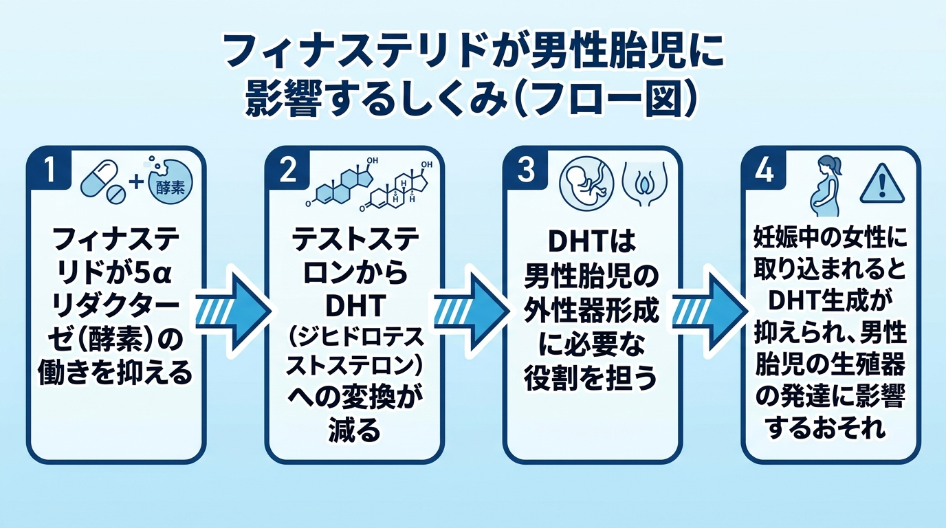 タイトル: フィナステリドが男性胎児に影響するしくみ（フロー図）。ステップ1: フィナステリドが5αリダクターゼ（酵素）の働きを抑える。ステップ2: テストステロンからDHT（ジヒドロテストステロン）への変換が減る。ステップ3: DHTは男性胎児の外性器形成に必要な役割を担う。ステップ4: 妊娠中の女性に取り込まれるとDHT生成が抑えられ、男性胎児の生殖器の発達に影響するおそれ。矢印で順につなぐフロー図