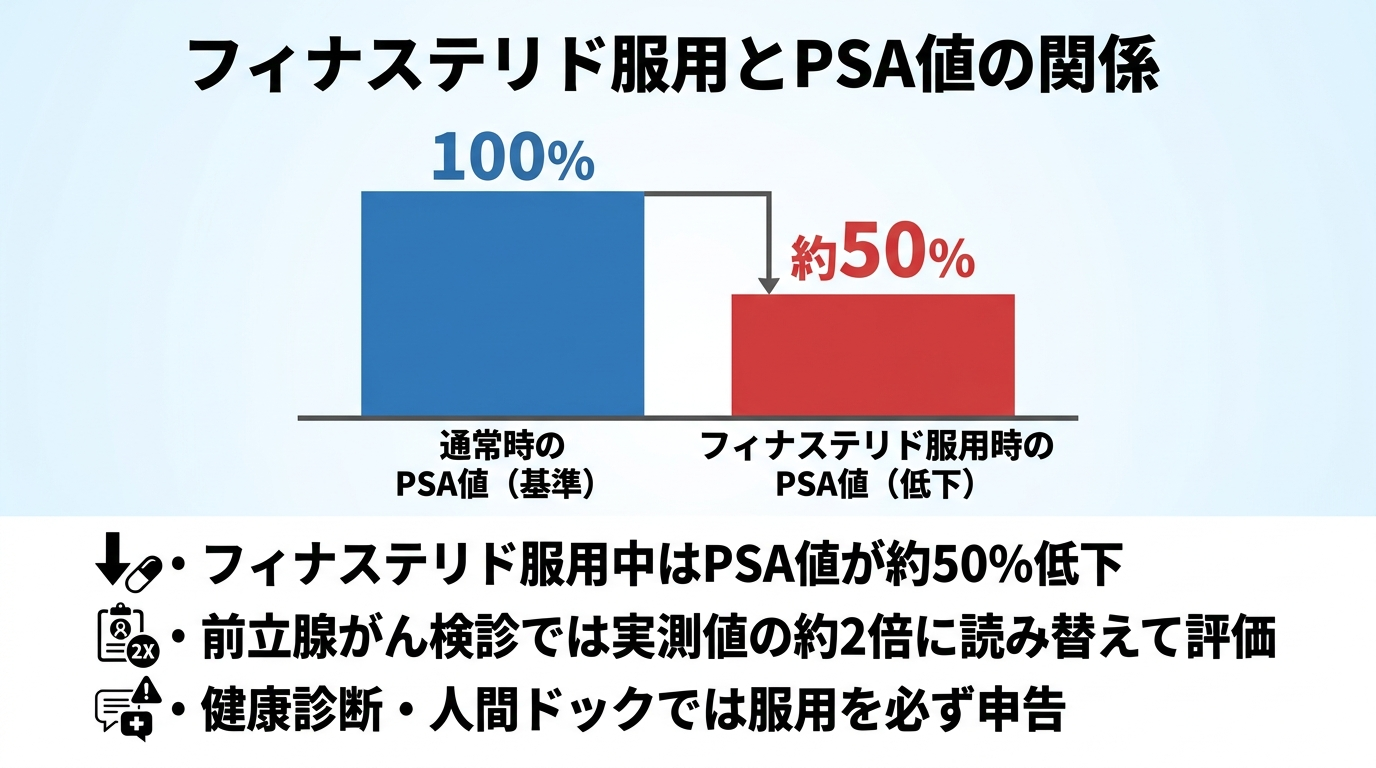 タイトル: フィナステリド服用とPSA値の関係。チャート: 通常時のPSA値を100%とした棒グラフと、フィナステリド服用時のPSA値が約50%に低下した棒グラフを並べて比較。注記テキスト: フィナステリド服用中はPSA値が約50%低下する。前立腺がん検診では実測値の約2倍に読み替えて評価する。健康診断・人間ドックでは服用を必ず申告する