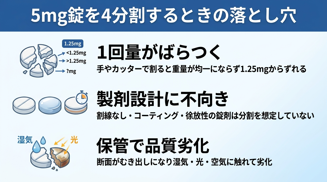 タイトル: 5mg錠を4分割するときの落とし穴。縦並び3項目のイラスト図。項目1(割れた錠剤のアイコン)見出し: 1回量がばらつく、説明: 手やカッターで割ると重量が均一にならず1.25mgからずれる。項目2(コーティングのアイコン)見出し: 製剤設計に不向き、説明: 割線なし・コーティング・徐放性の錠剤は分割を想定していない。項目3(湿気のアイコン)見出し: 保管で品質劣化、説明: 断面がむき出しになり湿気・光・空気に触れて劣化
