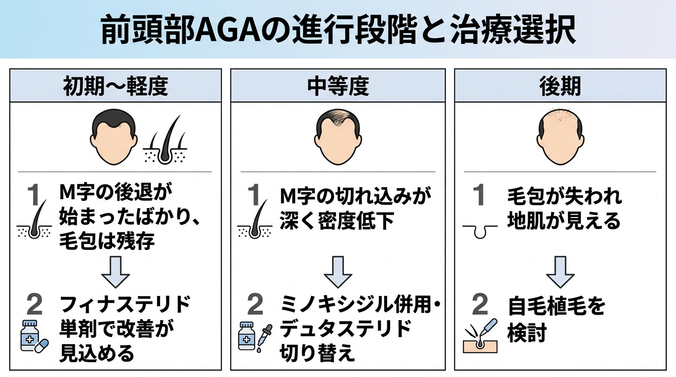 タイトル: 前頭部AGAの進行段階と治療選択。3カラムの早見表: カラム1: 初期〜軽度（M字の後退が始まったばかり、毛包は残存）→ フィナステリド単剤で改善が見込める。カラム2: 中等度（M字の切れ込みが深く密度低下）→ ミノキシジル併用・デュタステリド切り替え。カラム3: 後期（毛包が失われ地肌が見える）→ 自毛植毛を検討。