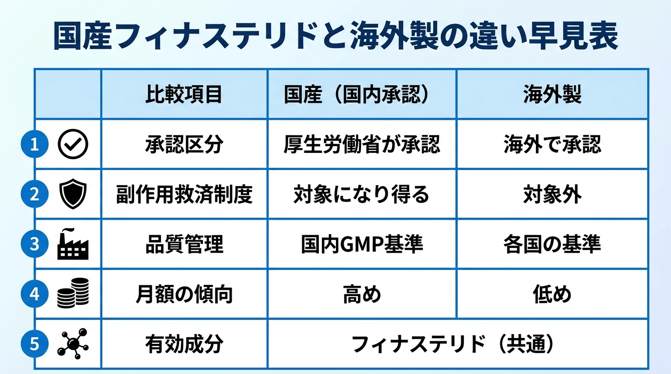 タイトル: 国産フィナステリドと海外製の違い早見表。3列の表: ヘッダー行: 比較項目 | 国産(国内承認) | 海外製。行1: 承認区分 | 厚生労働省が承認 | 海外で承認。行2: 副作用救済制度 | 対象になり得る | 対象外。行3: 品質管理 | 国内GMP基準 | 各国の基準。行4: 月額の傾向 | 高め | 低め。行5: 有効成分 | フィナステリド(共通)