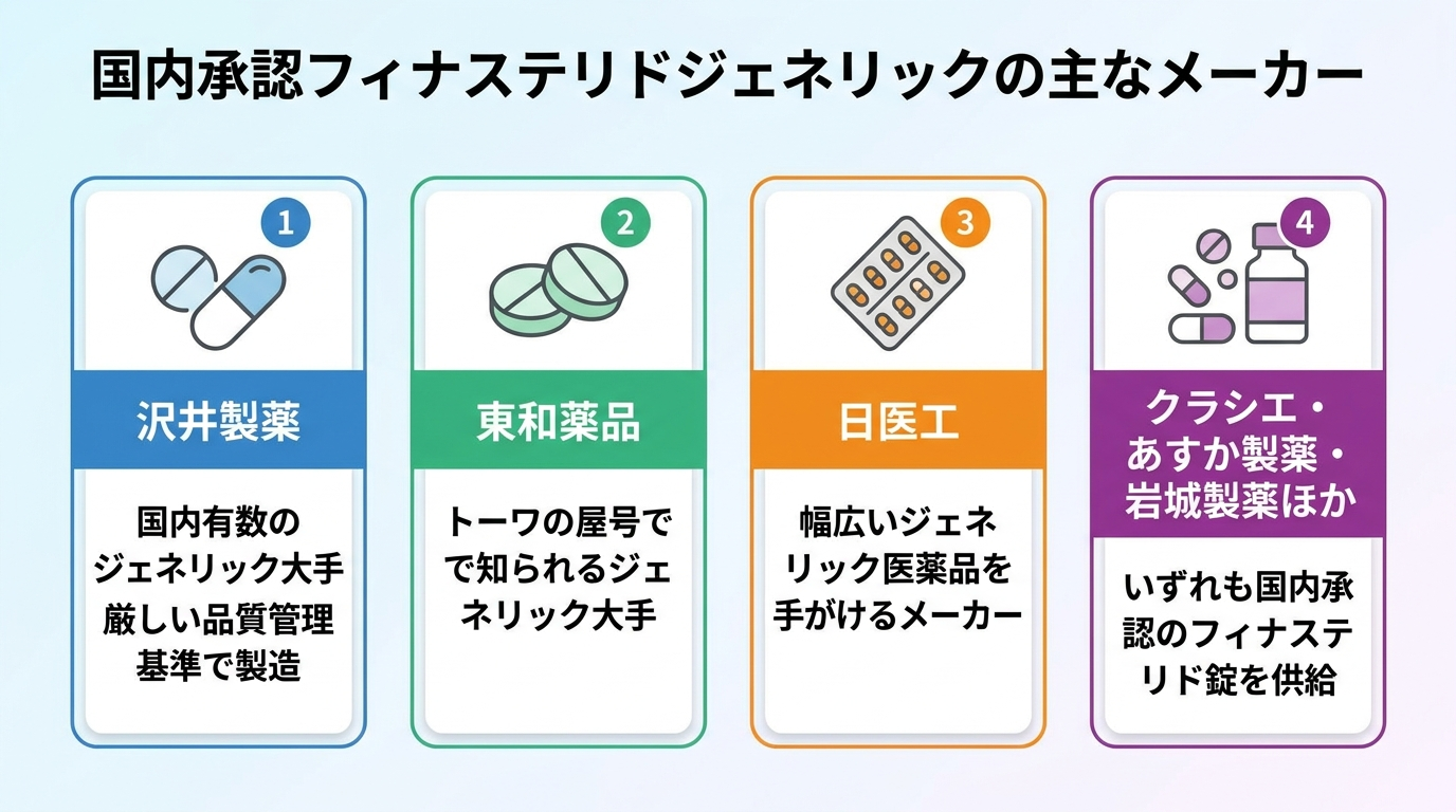 タイトル: 国内承認フィナステリドジェネリックの主なメーカー。横並び4カードで: カード1(錠剤のアイコン)ヘッダー: 沢井製薬、説明: 国内有数のジェネリック大手。厳しい品質管理基準で製造。カード2 ヘッダー: 東和薬品、説明: トーワの屋号で知られるジェネリック大手。カード3 ヘッダー: 日医工、説明: 幅広いジェネリック医薬品を手がけるメーカー。カード4 ヘッダー: クラシエ・あすか製薬・岩城製薬ほか、説明: いずれも国内承認のフィナステリド錠を供給