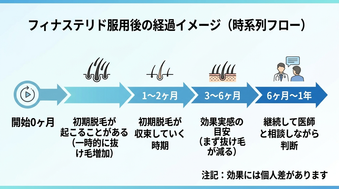 タイトル: フィナステリド服用後の経過イメージ(時系列フロー)。横方向の矢印付きタイムライン: 開始0ヶ月→初期脱毛が起こることがある(一時的に抜け毛増加)。1〜2ヶ月→初期脱毛が収束していく時期。3〜6ヶ月→効果実感の目安(まず抜け毛が減る)。6ヶ月〜1年→継続して医師と相談しながら判断。注記: 効果には個人差があります