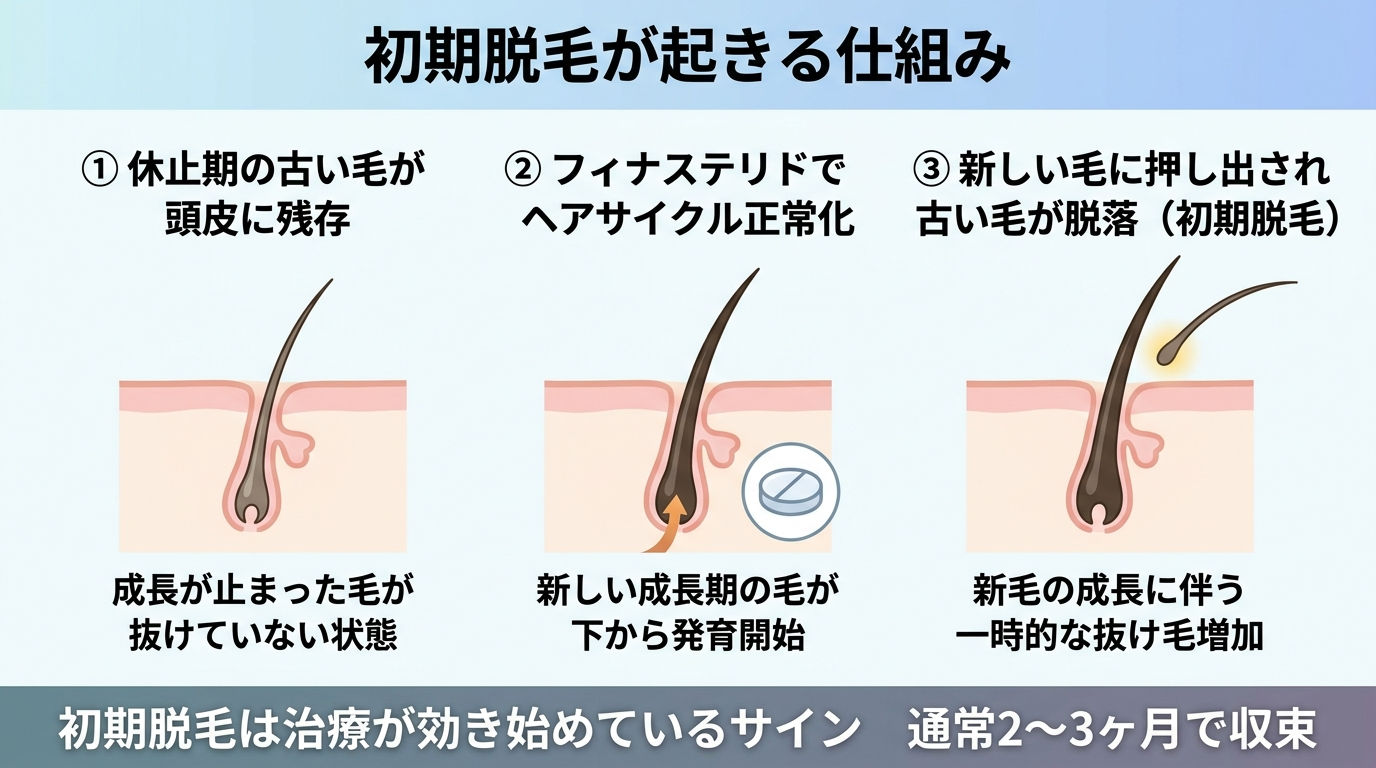 タイトル: 初期脱毛が起きる仕組み。3ステップのイラスト。ステップ1: 休止期の古い毛が頭皮に残っている状態。ステップ2: フィナステリドでヘアサイクルが正常化し、新しい成長期の毛が下から育つ。ステップ3: 新しい毛に押し出されて古い毛が抜ける(初期脱毛)。下部に『初期脱毛は治療が効き始めているサイン。通常2〜3ヶ月で収束』とキャプション