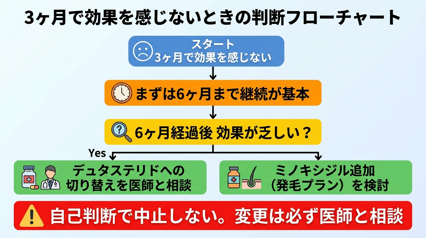 タイトル: 3ヶ月で効果を感じないときの判断フローチャート。縦型フロー図。スタート『3ヶ月で効果を感じない』→ 分岐1『まずは6ヶ月まで継続が基本』→ 6ヶ月経過後『効果が乏しい?』→ Yes分岐『デュタステリドへの切り替えを医師と相談』『ミノキシジル追加(発毛プラン)を検討』。全体の注意書きとして『自己判断で中止しない。変更は必ず医師と相談』を下部に配置