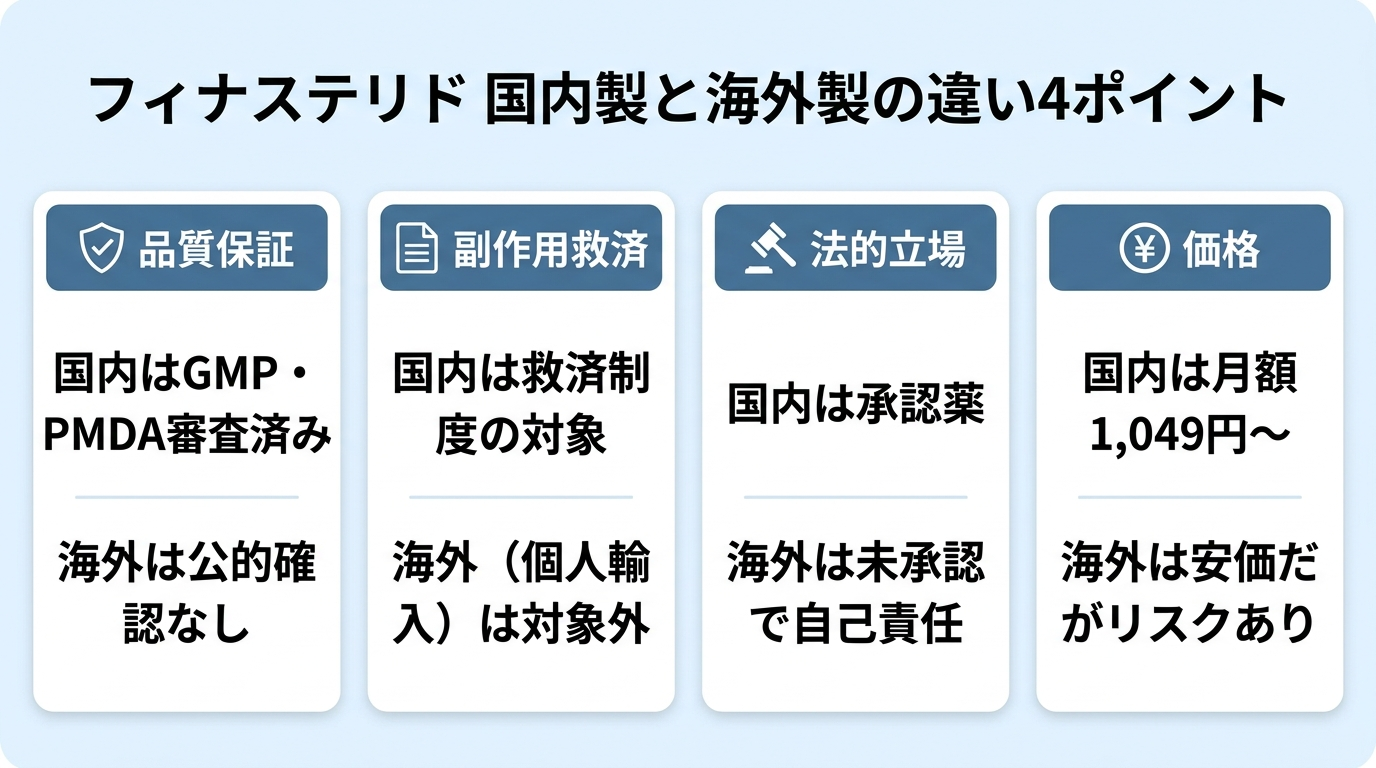 タイトル: フィナステリド 国内製と海外製の違い4ポイント。横並び4カードで: カード1(盾のアイコン)ヘッダー: 品質保証、説明: 国内はGMP・PMDA審査済み、海外は公的確認なし。カード2(書類のアイコン)ヘッダー: 副作用救済、説明: 国内は救済制度の対象、海外(個人輸入)は対象外。カード3(法律のアイコン)ヘッダー: 法的立場、説明: 国内は承認薬、海外は未承認で自己責任。カード4(円マークのアイコン)ヘッダー: 価格、説明: 国内は月額1,049円〜、海外は安価だがリスクあり