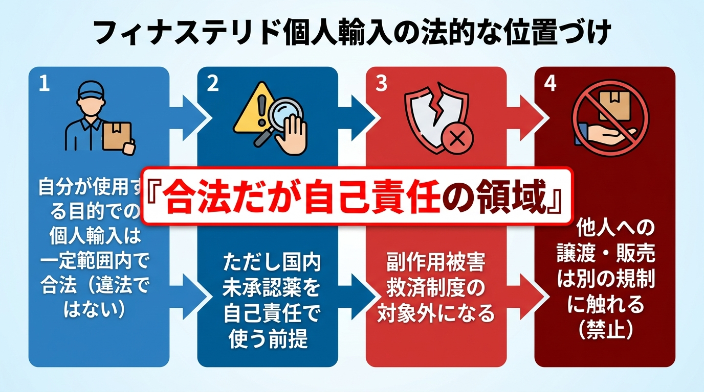 タイトル: フィナステリド個人輸入の法的な位置づけ。illustrationフロー図: ステップ1: 自分が使用する目的での個人輸入は一定範囲内で合法(違法ではない)。ステップ2: ただし国内未承認薬を自己責任で使う前提。ステップ3: 副作用被害救済制度の対象外になる。ステップ4: 他人への譲渡・販売は別の規制に触れる(禁止)。中央に『合法だが自己責任の領域』と強調表示