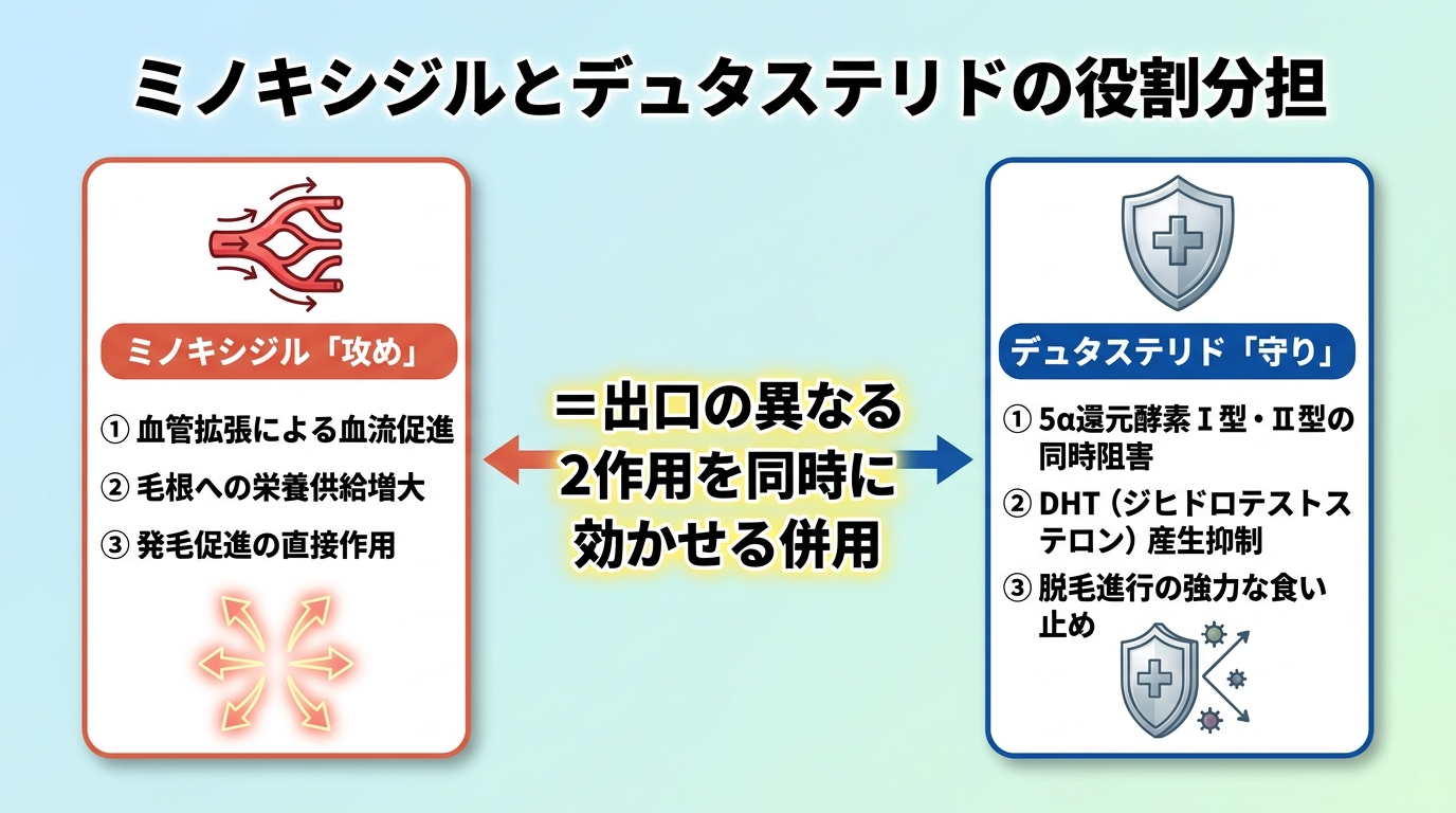 タイトル: ミノキシジルとデュタステリドの役割分担。横並び2カードで: カード1(血流のアイコン)ヘッダー: ミノキシジル「攻め」、説明: 血管を広げて毛根への血流を促し発毛を促進する薬。カード2(盾のアイコン)ヘッダー: デュタステリド「守り」、説明: 5α還元酵素I型・II型を阻害しDHT産生を抑える内服薬。中央に「=出口の異なる2作用を同時に効かせる併用」