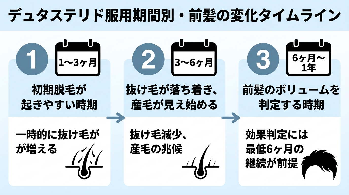 タイトル: デュタステリド服用期間別・前髪の変化タイムライン。3段階の横長フロー図: ステップ1（1〜3ヶ月）初期脱毛が起きやすい時期、一時的に抜け毛が増える。ステップ2（3〜6ヶ月）抜け毛が落ち着き、産毛が見え始める。ステップ3（6ヶ月〜1年）前髪のボリュームを判定する時期。効果判定には最低6ヶ月の継続が前提