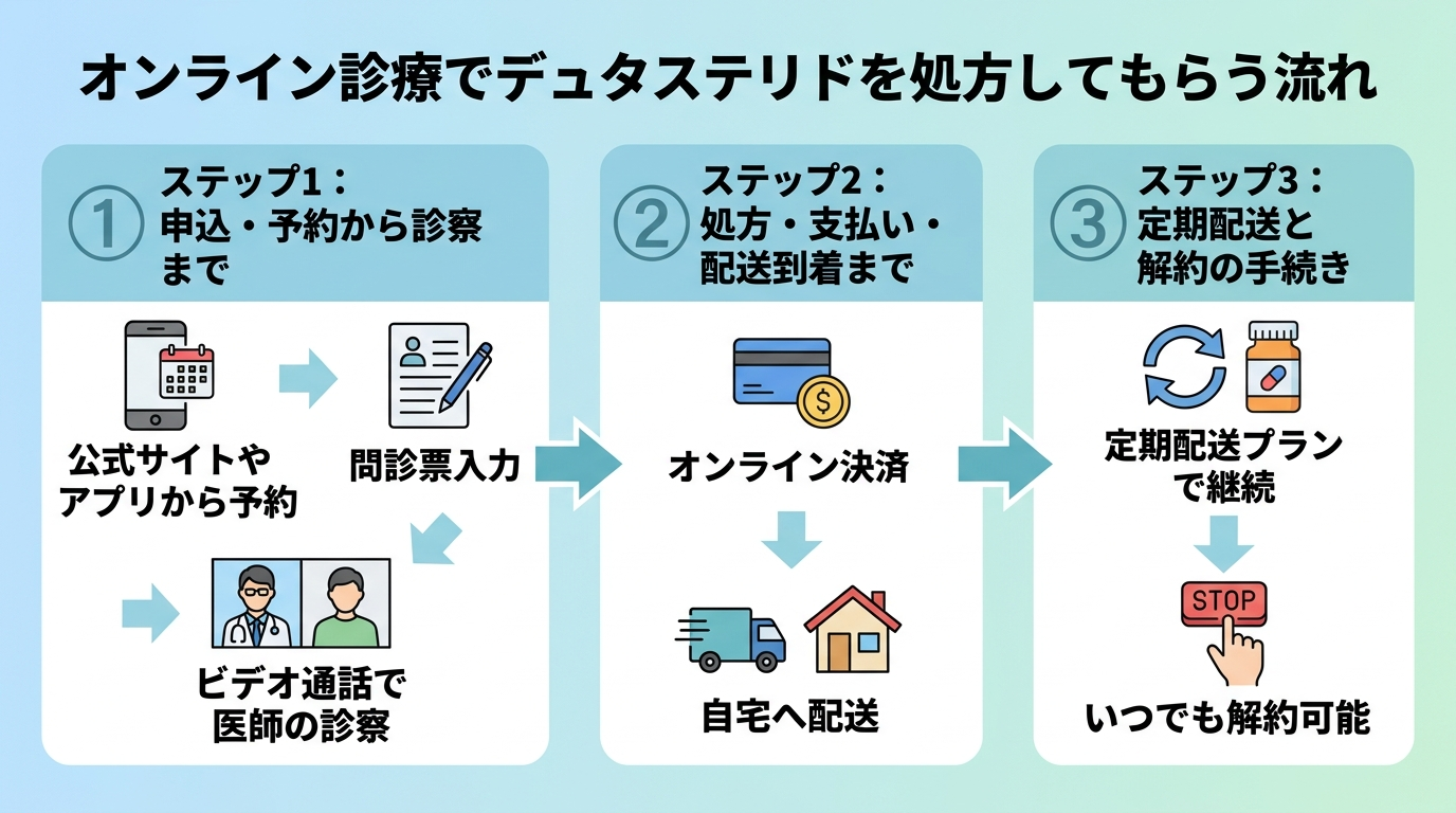 タイトル: オンライン診療でデュタステリドを処方してもらう流れ。3ステップのフロー図: ステップ1: 申込・予約から診察まで（公式サイトやアプリから予約→問診票入力→ビデオ通話で医師の診察）。ステップ2: 処方・支払い・配送到着まで（オンライン決済→自宅へ配送）。ステップ3: 定期配送と解約の手続き（定期配送プランで継続→いつでも解約可能）
