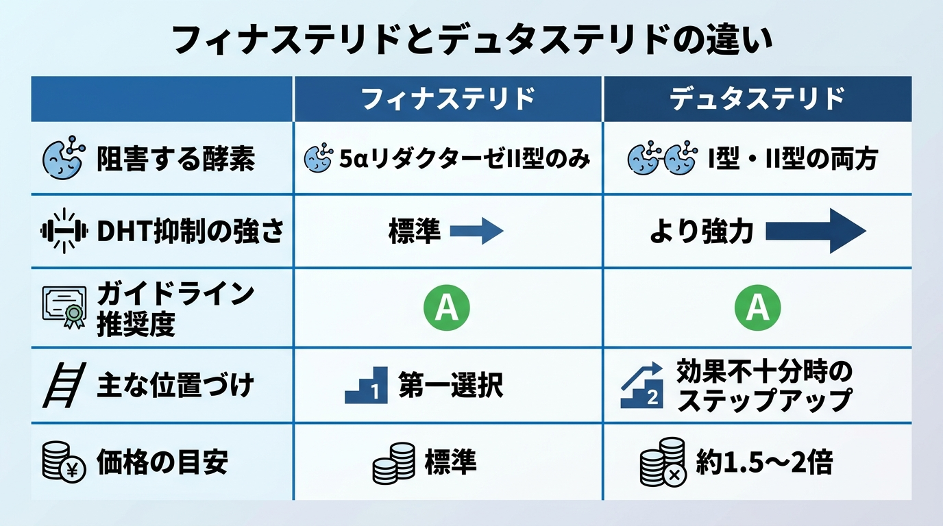 タイトル: フィナステリドとデュタステリドの違い。2列の比較表。ヘッダー行: フィナステリド | デュタステリド。行1(阻害する酵素): 5αリダクターゼII型のみ | I型・II型の両方。行2(DHT抑制の強さ): 標準 | より強力。行3(ガイドライン推奨度): A | A。行4(主な位置づけ): 第一選択 | 効果不十分時のステップアップ。行5(価格の目安): 標準 | 約1.5〜2倍