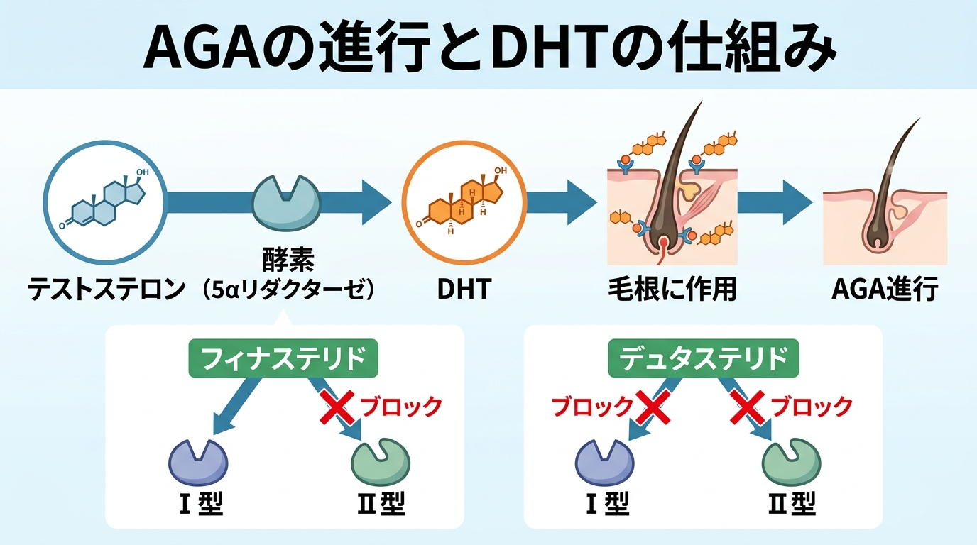 タイトル: AGAの進行とDHTの仕組み。フロー図: テストステロン →(5αリダクターゼ)→ DHT → 毛根に作用 → AGA進行。フィナステリドはII型のみブロック、デュタステリドはI型・II型を両方ブロックする様子を矢印で示すイラスト