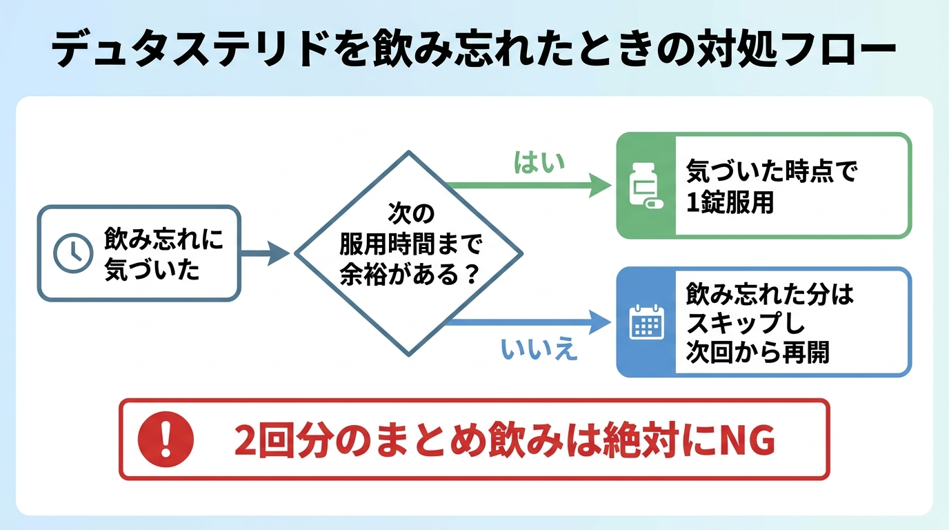 タイトル: デュタステリドを飲み忘れたときの対処フロー。分岐型フロー図: スタート「飲み忘れに気づいた」→分岐1「次の服用時間まで余裕がある？」→はい「気づいた時点で1錠服用」／いいえ「飲み忘れた分はスキップし次回から再開」。注意ボックス「2回分のまとめ飲みは絶対にNG」
