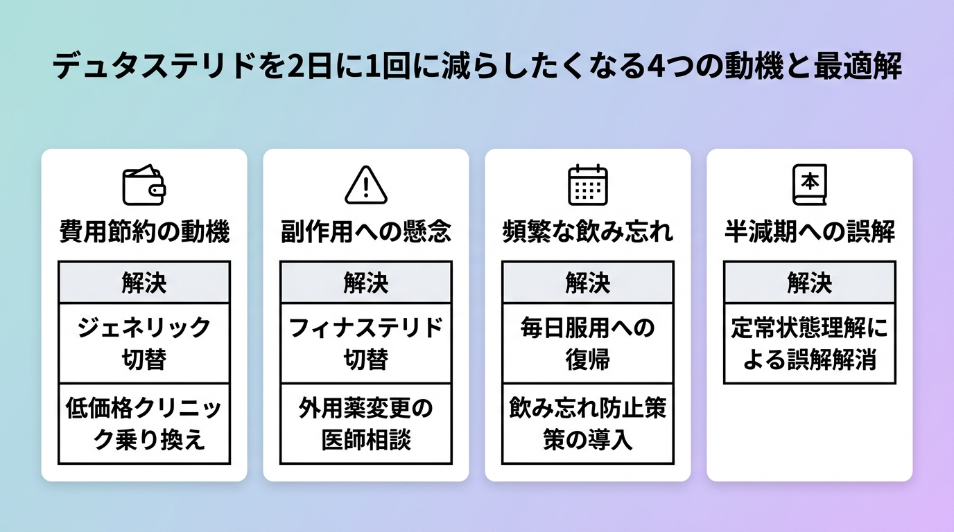 タイトル: デュタステリドを2日に1回に減らしたくなる4つの動機と最適解。横並び4カード。カード1（財布アイコン）ヘッダー: 費用を節約したい、最適解: ジェネリック切替・低価格クリニック乗り換え。カード2（注意アイコン）ヘッダー: 副作用が心配、最適解: フィナステリド切替・外用薬変更を医師に相談。カード3（カレンダーアイコン）ヘッダー: 飲み忘れが多い、最適解: 毎日服用に戻す・飲み忘れ防止の仕組み。カード4（本アイコン）ヘッダー: 半減期が長いから大丈夫、最適解: 定常状態の理解で誤解を解く