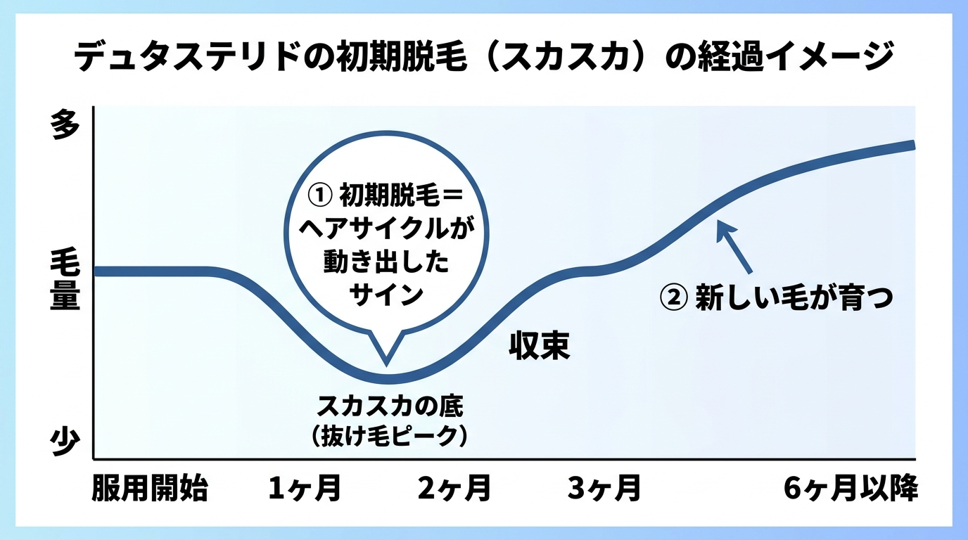 タイトル: デュタステリドの初期脱毛(スカスカ)の経過イメージ。横軸に時間(服用開始・1ヶ月・2ヶ月・3ヶ月・6ヶ月)、縦軸に毛量をとった折れ線グラフ。服用開始から毛量がゆるやかに低下し、1〜2ヶ月でスカスカの底(抜け毛ピーク)に達し、2〜3ヶ月で収束、3〜6ヶ月以降に開始時より毛量が回復していく曲線。底の部分に『初期脱毛=ヘアサイクルが動き出したサイン』、回復部分に『新しい毛が育つ』と注記