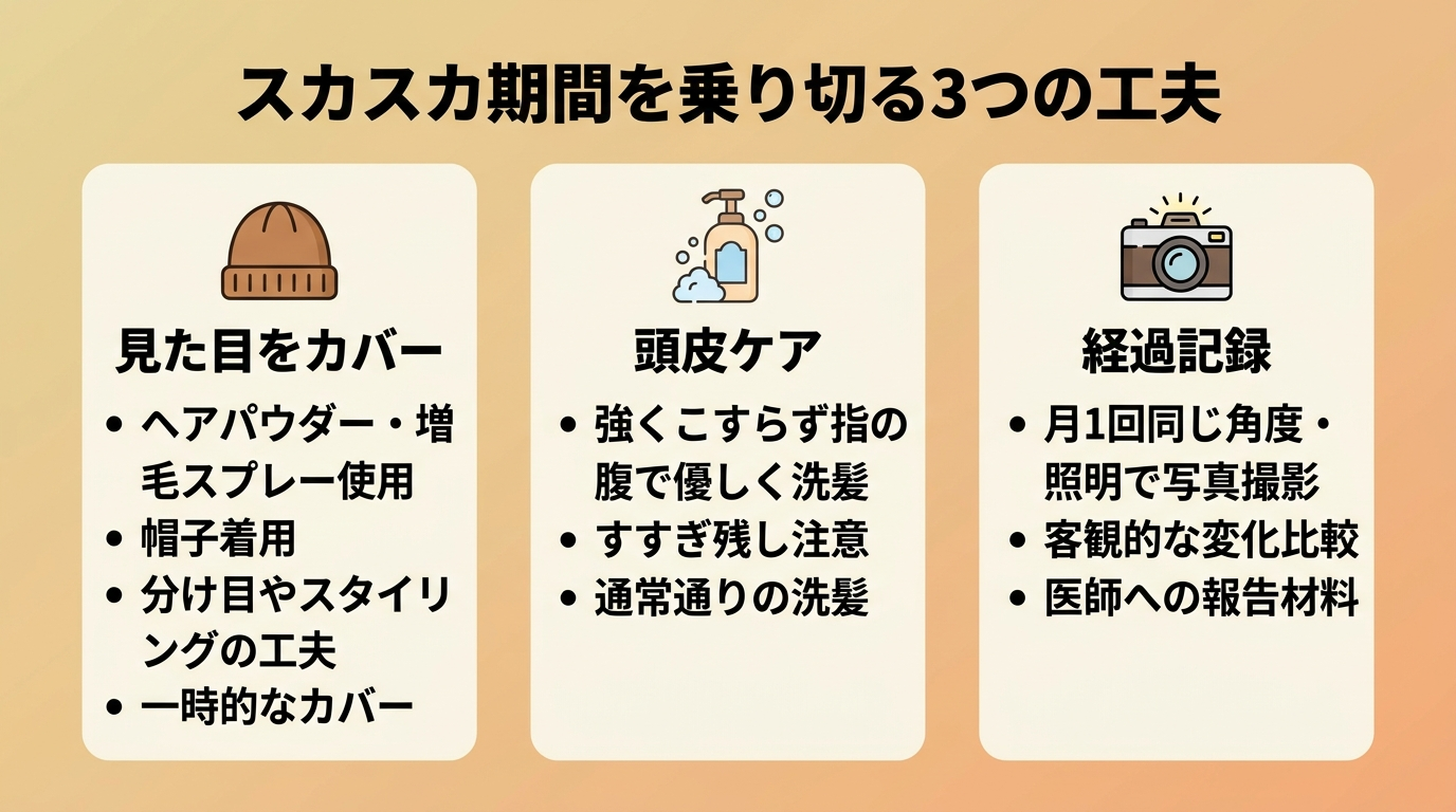 タイトル: スカスカ期間を乗り切る3つの工夫。横並び3カードで: カード1(帽子のアイコン)見た目をカバー: ヘアパウダー・増毛スプレー・帽子・分け目やスタイリングの工夫で一時的にカバー。カード2(シャンプーのアイコン)頭皮ケア: 強くこすらず指の腹で優しく洗う、すすぎ残しに注意、通常どおりの洗髪でOK。カード3(カメラのアイコン)経過記録: 月1回同じ角度・照明で写真を撮り客観的に変化を比較、医師への報告材料にも