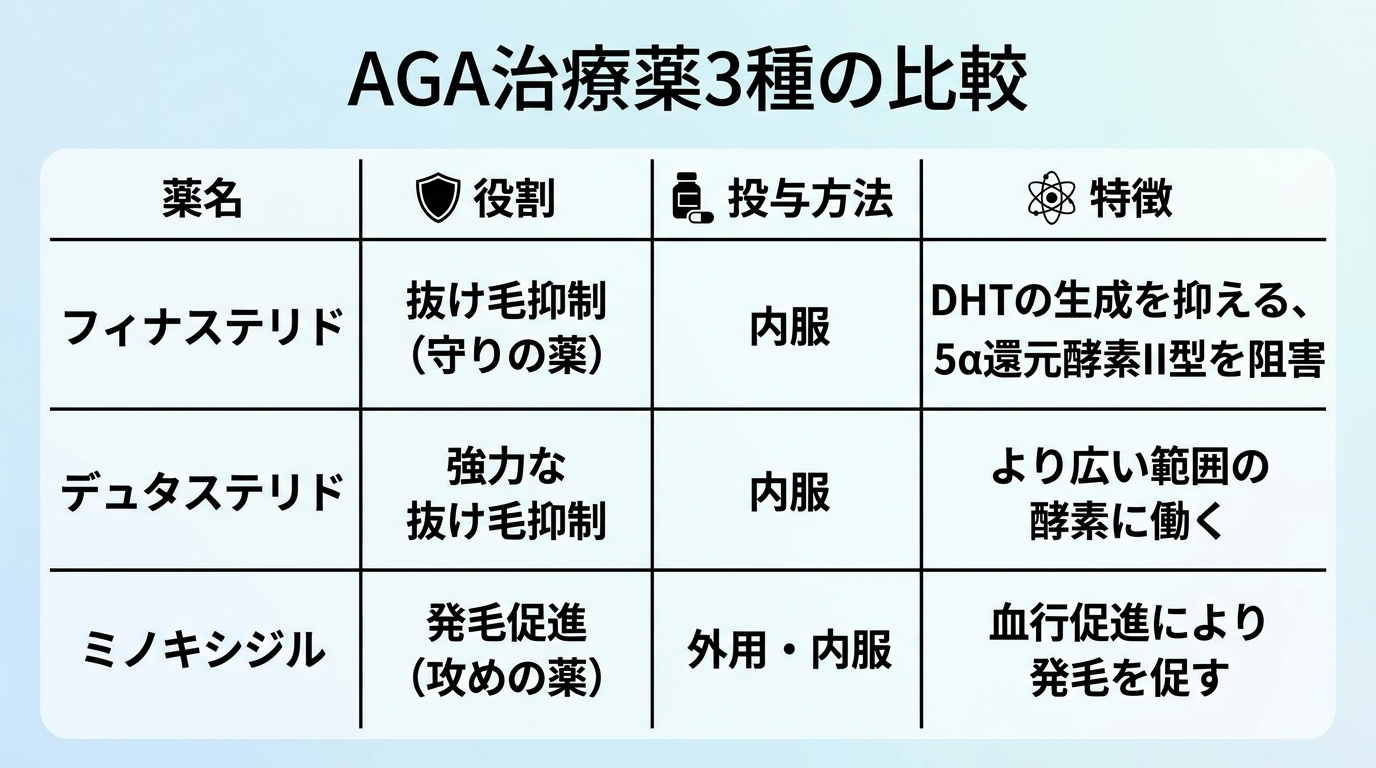 タイトル: AGA治療薬3種の比較。4列の表: ヘッダー行: 薬名 | 役割 | 投与方法 | 特徴。行1: フィナステリド | 抜け毛抑制（守りの薬） | 内服 | DHTの生成を抑える、5α還元酵素II型を阻害。行2: デュタステリド | 強力な抜け毛抑制 | 内服 | より広い範囲の酵素に働く。行3: ミノキシジル | 発毛促進（攻めの薬） | 外用・内服 | 血行促進により発毛を促す