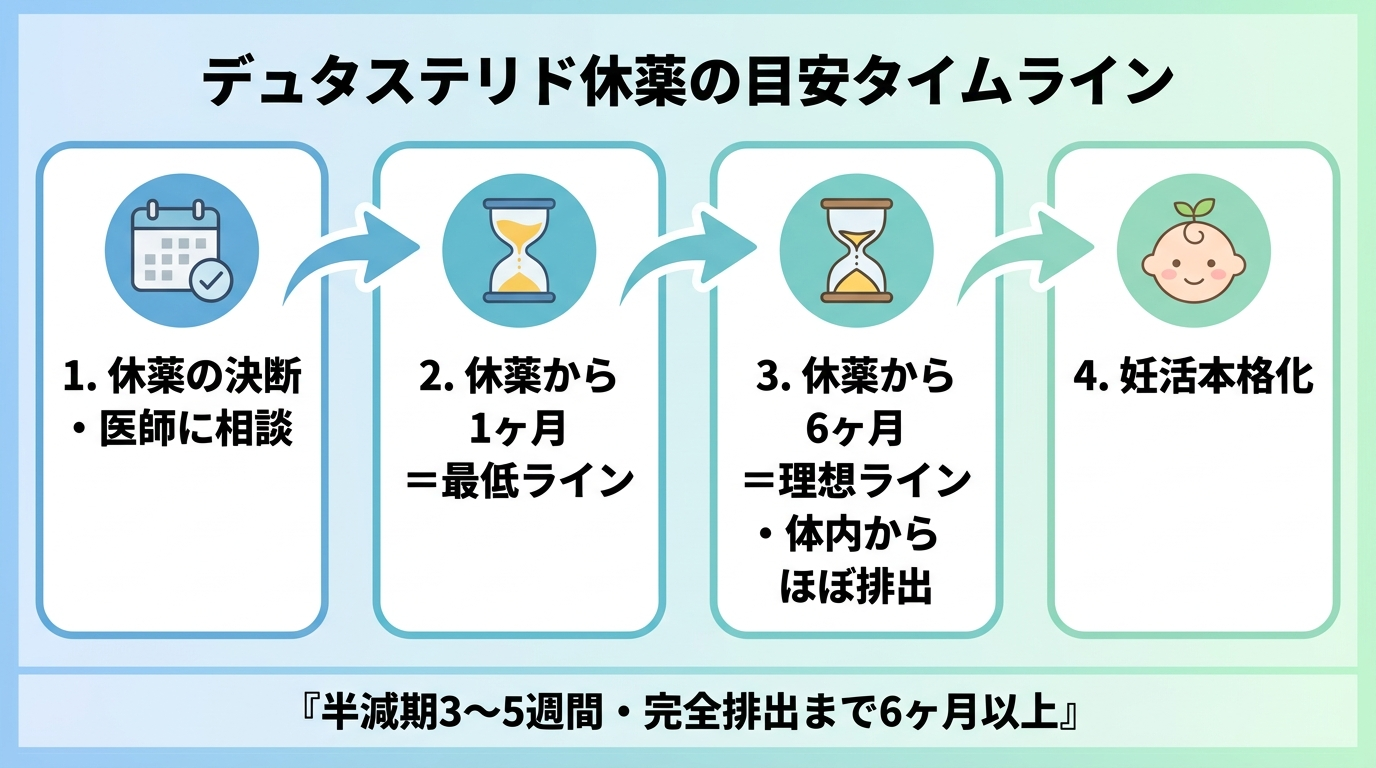 タイトル: デュタステリド休薬の目安タイムライン。横並びの矢印フロー図: ステップ1(カレンダーアイコン)休薬の決断・医師に相談。ステップ2(砂時計アイコン)休薬から1ヶ月=最低ライン。ステップ3(砂時計アイコン)休薬から6ヶ月=理想ライン・体内からほぼ排出。ステップ4(赤ちゃんアイコン)妊活本格化。各ステップに『半減期3〜5週間・完全排出まで6ヶ月以上』の注記を下部に表示