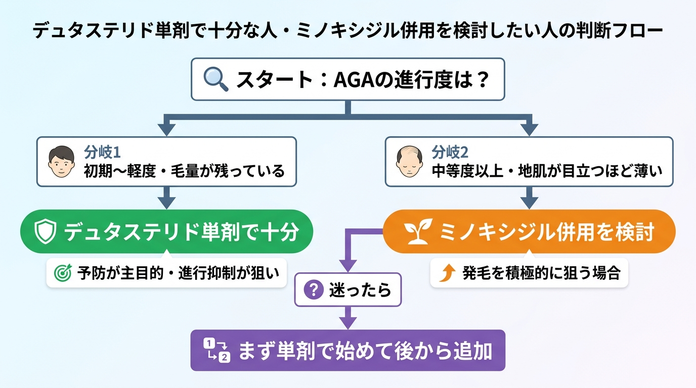 タイトル: デュタステリド単剤で十分な人・ミノキシジル併用を検討したい人の判断フロー。縦フロー図。スタート: AGAの進行度は? → 分岐1(初期〜軽度・毛量が残っている)→「デュタステリド単剤で十分」予防が主目的・進行抑制が狙い。 → 分岐2(中等度以上・地肌が目立つほど薄い)→「ミノキシジル併用を検討」発毛を積極的に狙う場合。迷ったら→「まず単剤で始めて後から追加」のボックスへ矢印。
