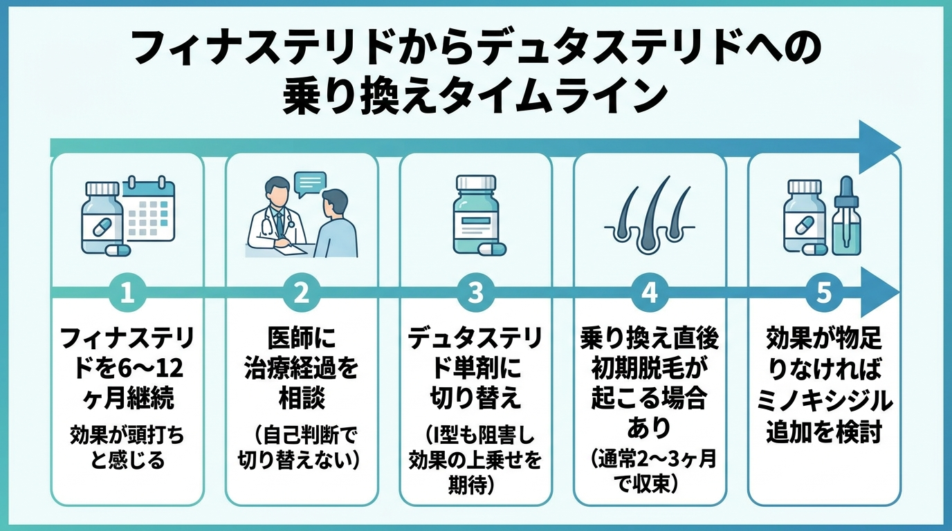 タイトル: フィナステリドからデュタステリドへの乗り換えタイムライン。横方向のタイムライン図。ステップ1: フィナステリドを6〜12ヶ月継続 → 効果が頭打ちと感じる。ステップ2: 医師に治療経過を相談(自己判断で切り替えない)。ステップ3: デュタステリド単剤に切り替え(I型も阻害し効果の上乗せを期待)。ステップ4: 乗り換え直後に初期脱毛が起こる場合あり(通常2〜3ヶ月で収束)。ステップ5: 効果が物足りなければミノキシジル追加を検討。