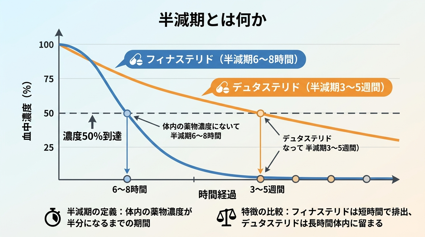 タイトル: 半減期とは何か。illustration: 体内の薬の濃度が時間とともに半分になっていく様子を示すグラフ。横軸に時間、縦軸に血中濃度。フィナステリド(半減期6〜8時間)は急激に下降する曲線、デュタステリド(半減期3〜5週間)はゆるやかに下降する曲線を対比して表示