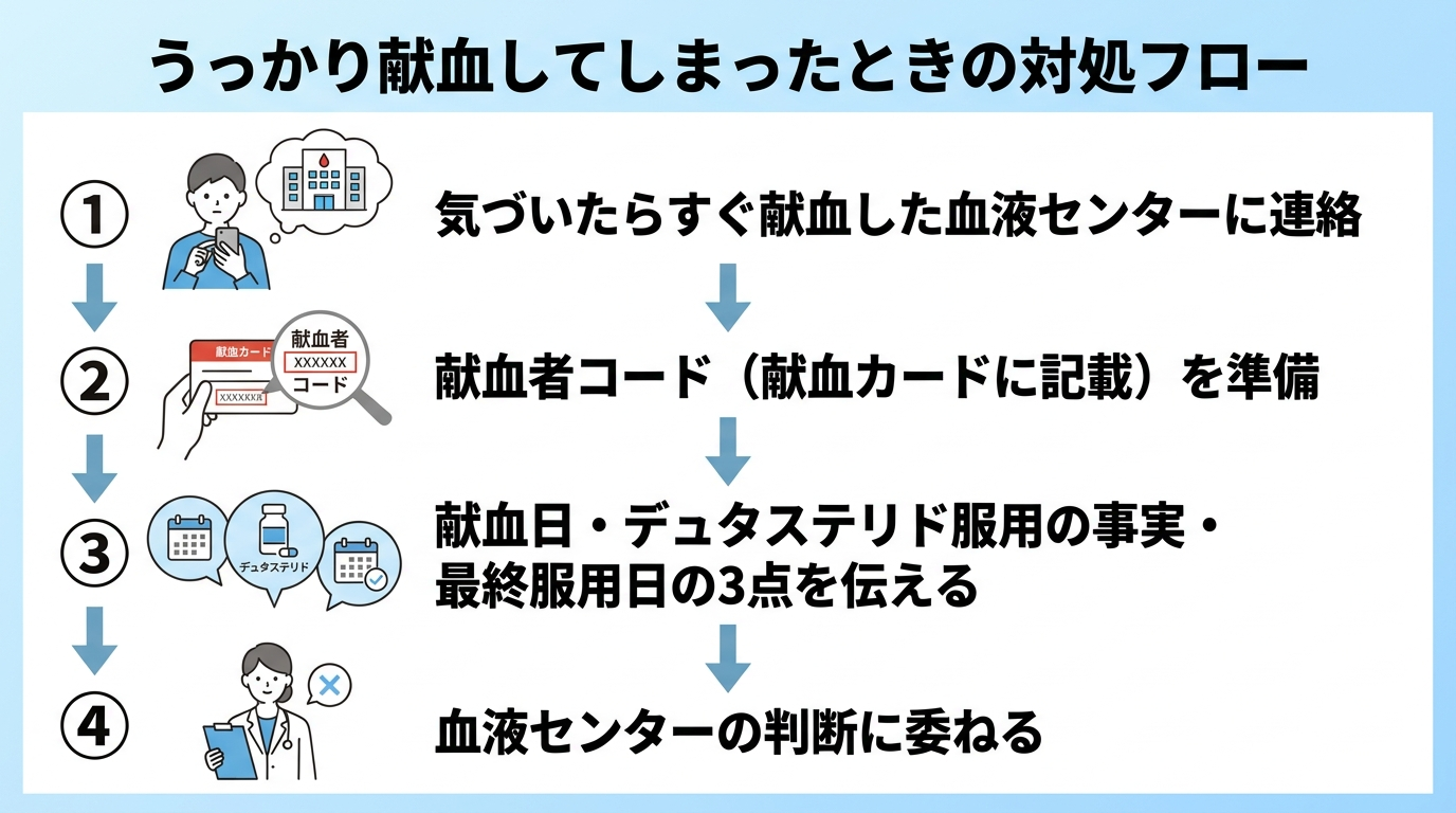タイトル: うっかり献血してしまったときの対処フロー。illustration: 縦4ステップのフロー図。ステップ1: 気づいたらすぐ献血した血液センターに連絡。ステップ2: 献血者コード(献血カードに記載)を準備。ステップ3: 献血日・デュタステリド服用の事実・最終服用日の3点を伝える。ステップ4: 血液センターの判断に委ねる