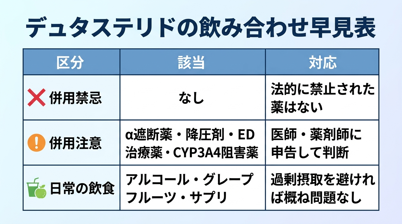 タイトル: デュタステリドの飲み合わせ早見表。3列の表: ヘッダー行: 区分 | 該当 | 対応。行1: 併用禁忌 | なし | 法的に禁止された薬はない。行2: 併用注意 | α遮断薬・降圧剤・ED治療薬・CYP3A4阻害薬 | 医師・薬剤師に申告して判断。行3: 日常の飲食 | アルコール・グレープフルーツ・サプリ | 過剰摂取を避ければ概ね問題なし