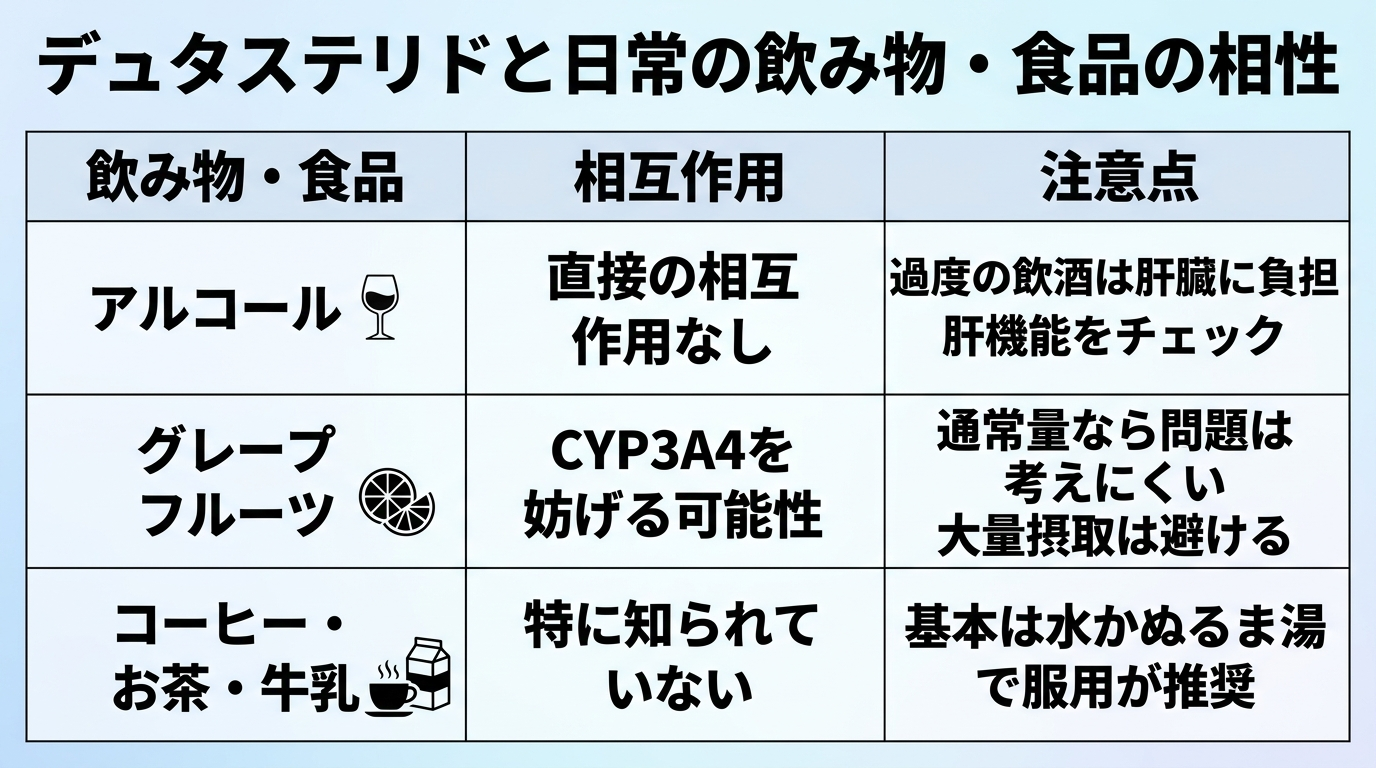 タイトル: デュタステリドと日常の飲み物・食品の相性。3列の表: ヘッダー行: 飲み物・食品 | 相互作用 | 注意点。行1: アルコール | 直接の相互作用なし | 過度の飲酒は肝臓に負担。肝機能をチェック。行2: グレープフルーツ | CYP3A4を妨げる可能性 | 通常量なら問題は考えにくい。大量摂取は避ける。行3: コーヒー・お茶・牛乳 | 特に知られていない | 基本は水かぬるま湯で服用が推奨