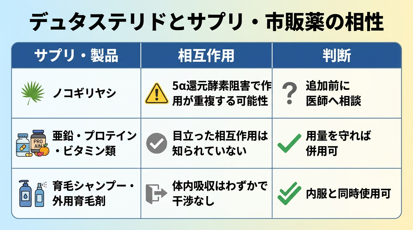 タイトル: デュタステリドとサプリ・市販薬の相性。3列の表: ヘッダー行: サプリ・製品 | 相互作用 | 判断。行1: ノコギリヤシ | 5α還元酵素阻害で作用が重複する可能性 | 追加前に医師へ相談。行2: 亜鉛・プロテイン・ビタミン類 | 目立った相互作用は知られていない | 用量を守れば併用可。行3: 育毛シャンプー・外用育毛剤 | 体内吸収はわずかで干渉なし | 内服と同時使用可