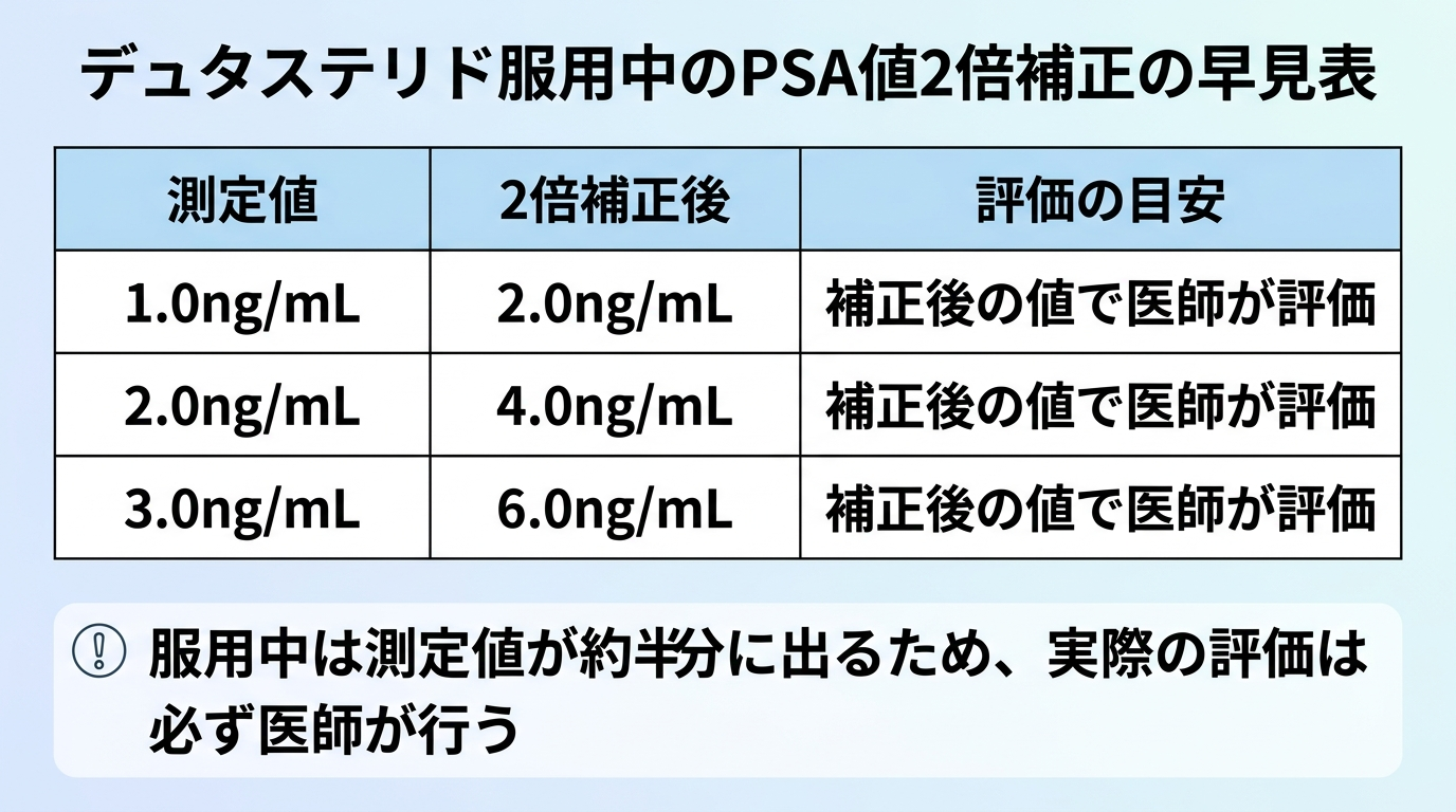 タイトル: デュタステリド服用中のPSA値2倍補正の早見表。3列の表: ヘッダー行: 測定値 | 2倍補正後 | 評価の目安。行1: 1.0ng/mL | 2.0ng/mL | 補正後の値で医師が評価。行2: 2.0ng/mL | 4.0ng/mL | 補正後の値で医師が評価。行3: 3.0ng/mL | 6.0ng/mL | 補正後の値で医師が評価。注記: 服用中は測定値が約半分に出るため、実際の評価は必ず医師が行う