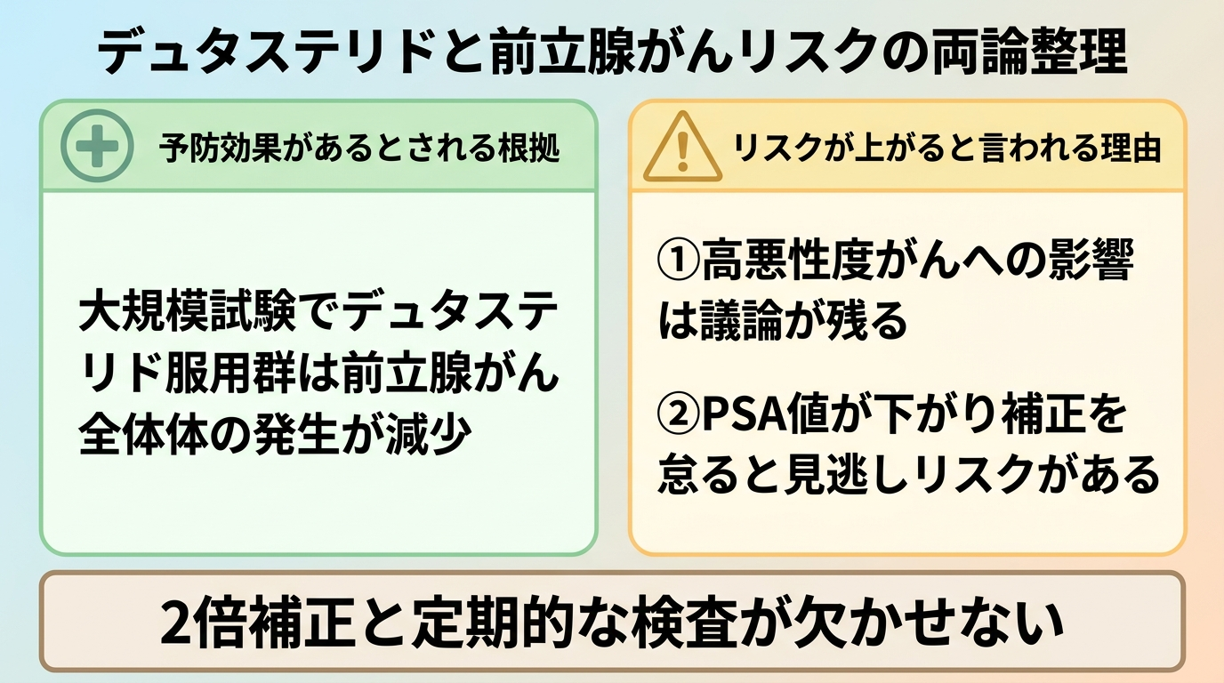 タイトル: デュタステリドと前立腺がんリスクの両論整理。2カラム比較図: 左カラム(プラス記号アイコン)見出し: 予防効果があるとされる根拠、内容: 大規模試験でデュタステリド服用群は前立腺がん全体の発生が減少した。右カラム(注意アイコン)見出し: リスクが上がると言われる理由、内容: ①高悪性度がんへの影響は議論が残る ②PSA値が下がり補正を怠ると見逃しリスクがある。下部注記: 2倍補正と定期的な検査が欠かせない