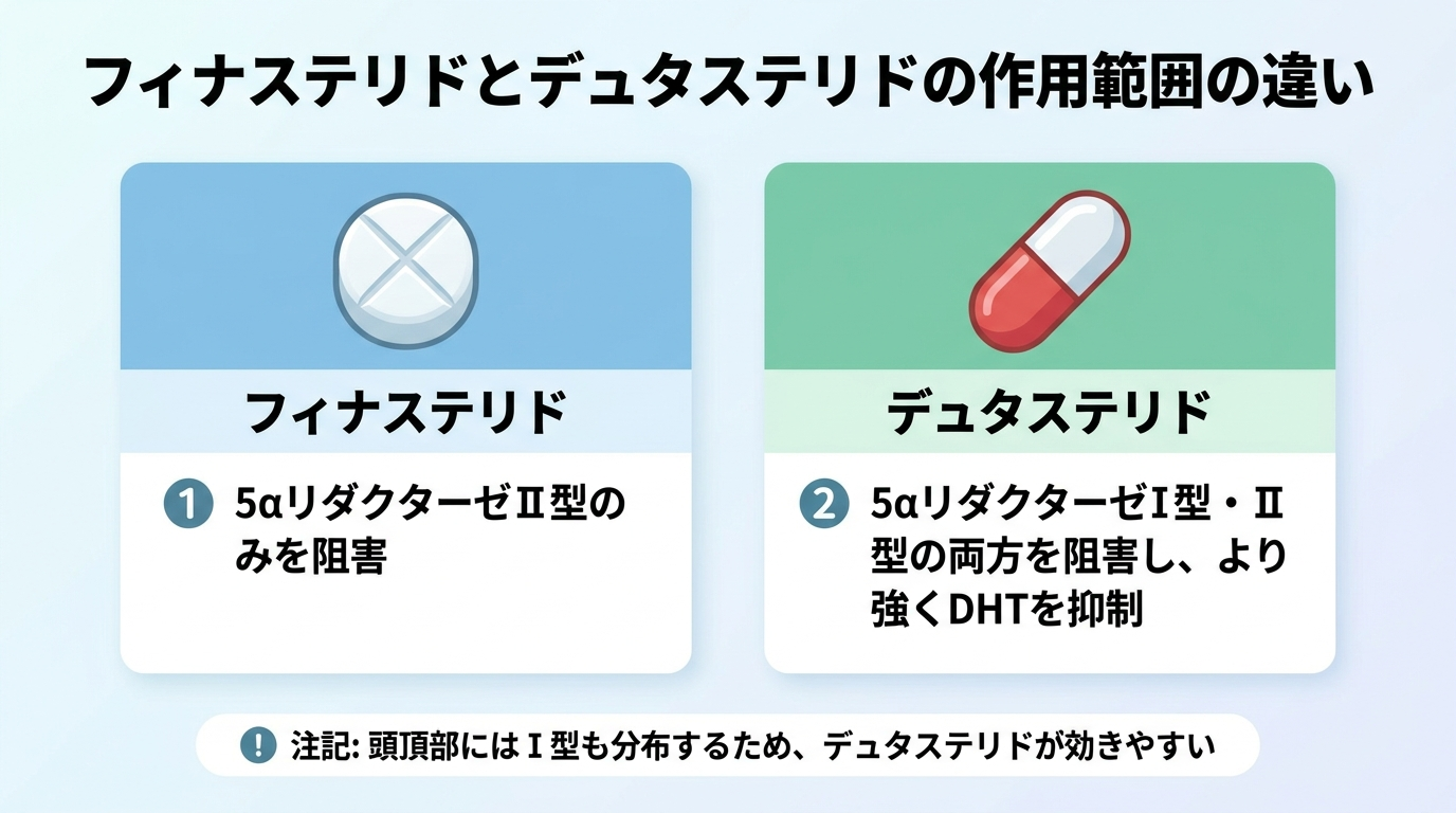タイトル: フィナステリドとデュタステリドの作用範囲の違い。横並び2カードで比較。カード1(錠剤アイコン)ヘッダー: フィナステリド、説明: 5αリダクターゼⅡ型のみを阻害。カード2(カプセルアイコン)ヘッダー: デュタステリド、説明: 5αリダクターゼⅠ型・Ⅱ型の両方を阻害し、より強くDHTを抑制。下部に注記: 頭頂部にはⅠ型も分布するため、デュタステリドが効きやすい