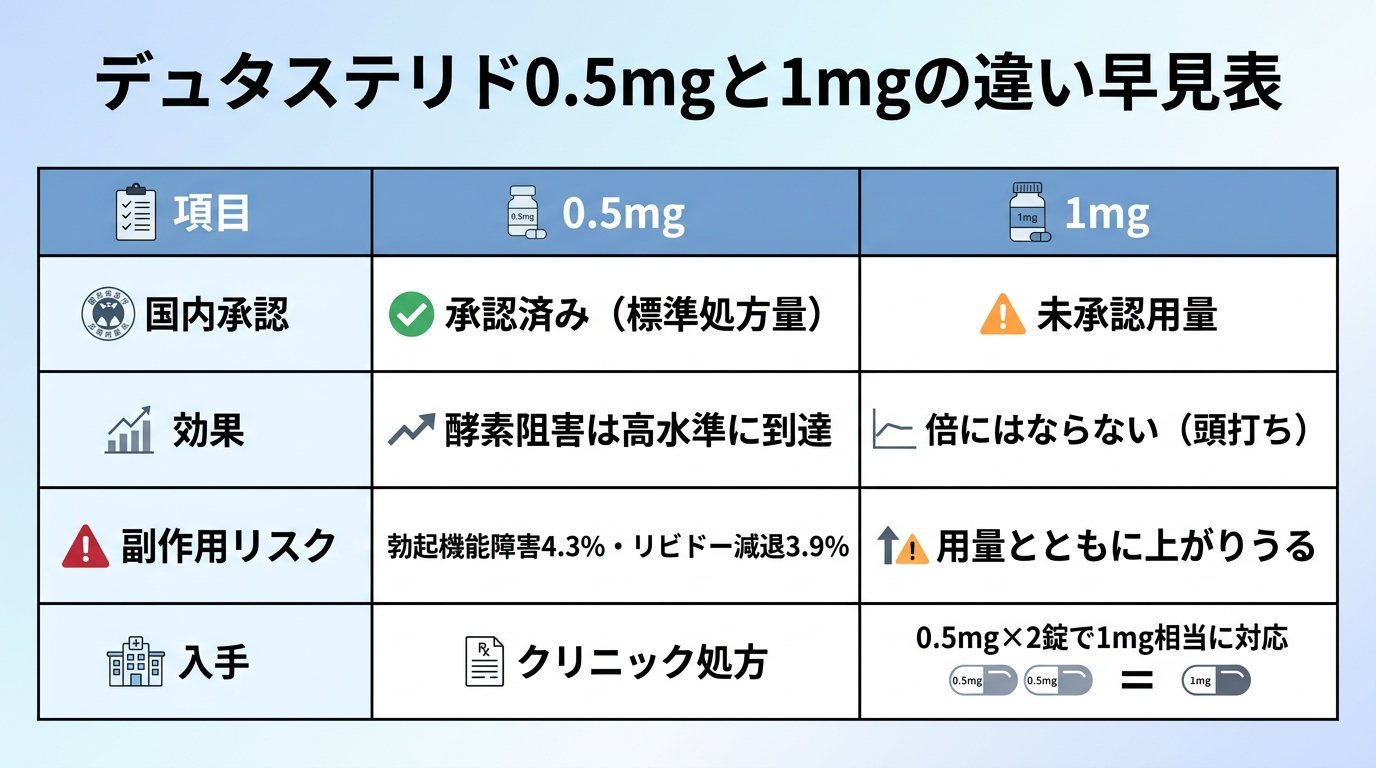 タイトル: デュタステリド0.5mgと1mgの違い早見表。3列の表: ヘッダー行: 項目 | 0.5mg | 1mg。行1: 国内承認 | 承認済み(標準処方量) | 未承認用量。行2: 効果 | 酵素阻害は高水準に到達 | 倍にはならない(頭打ち)。行3: 副作用リスク | 勃起機能障害4.3%・リビドー減退3.9% | 用量とともに上がりうる。行4: 入手 | クリニック処方 | 0.5mg×2錠で1mg相当に対応
